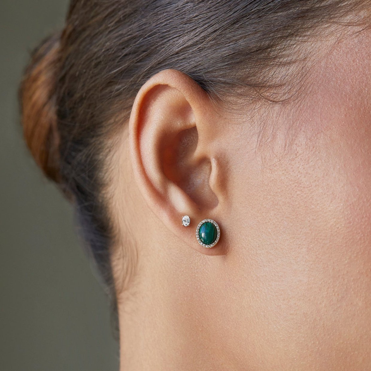 Diamond & Malachite Cabochon Stud Earrings