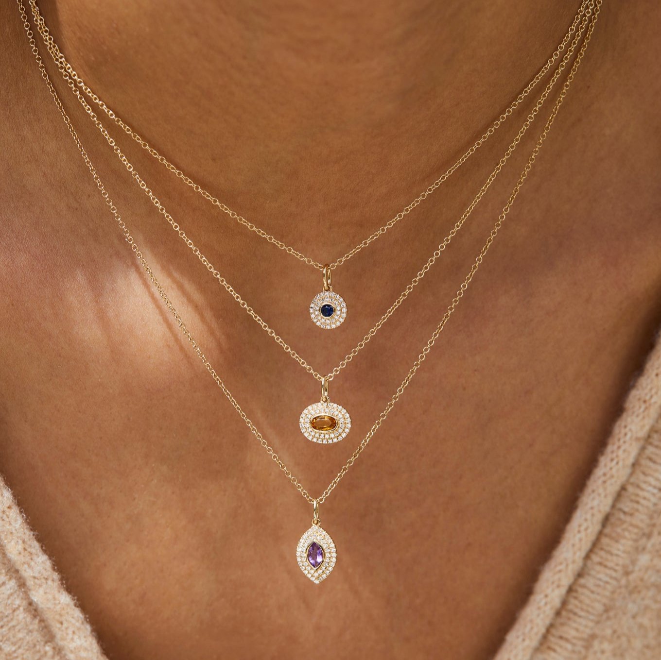 Diamond & Round Blue Sapphire Gem Necklace