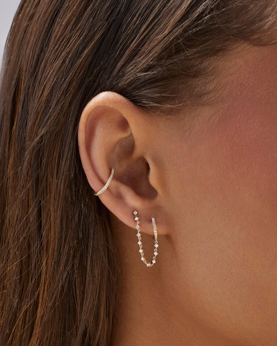 Diamond Mini Huggie and Prong Set Chain Stud Earring