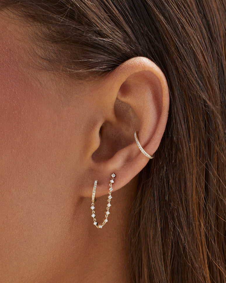 Diamond Mini Huggie and Prong Set Chain Stud Earring