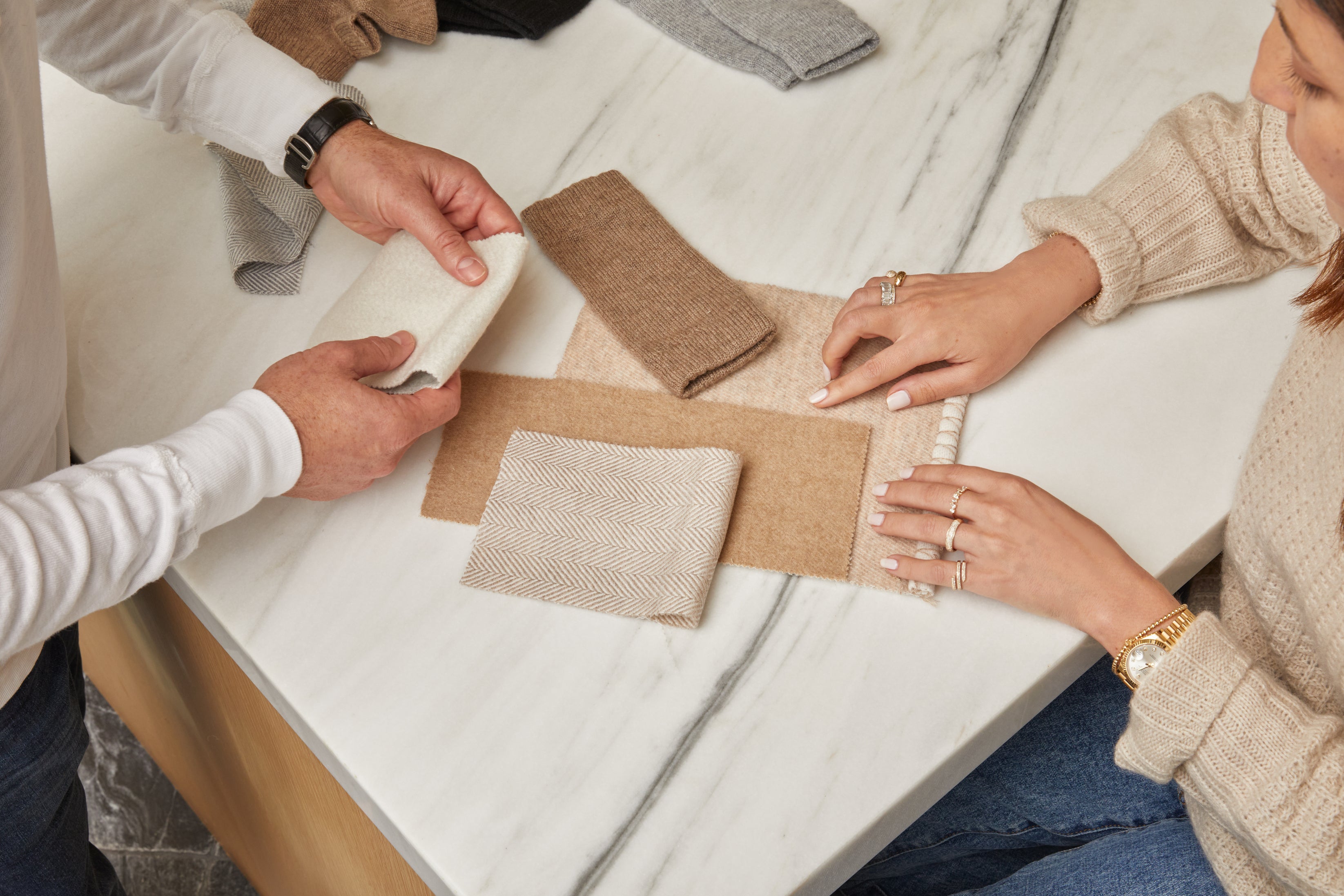 Touching fabric swatches from EF Home collection
