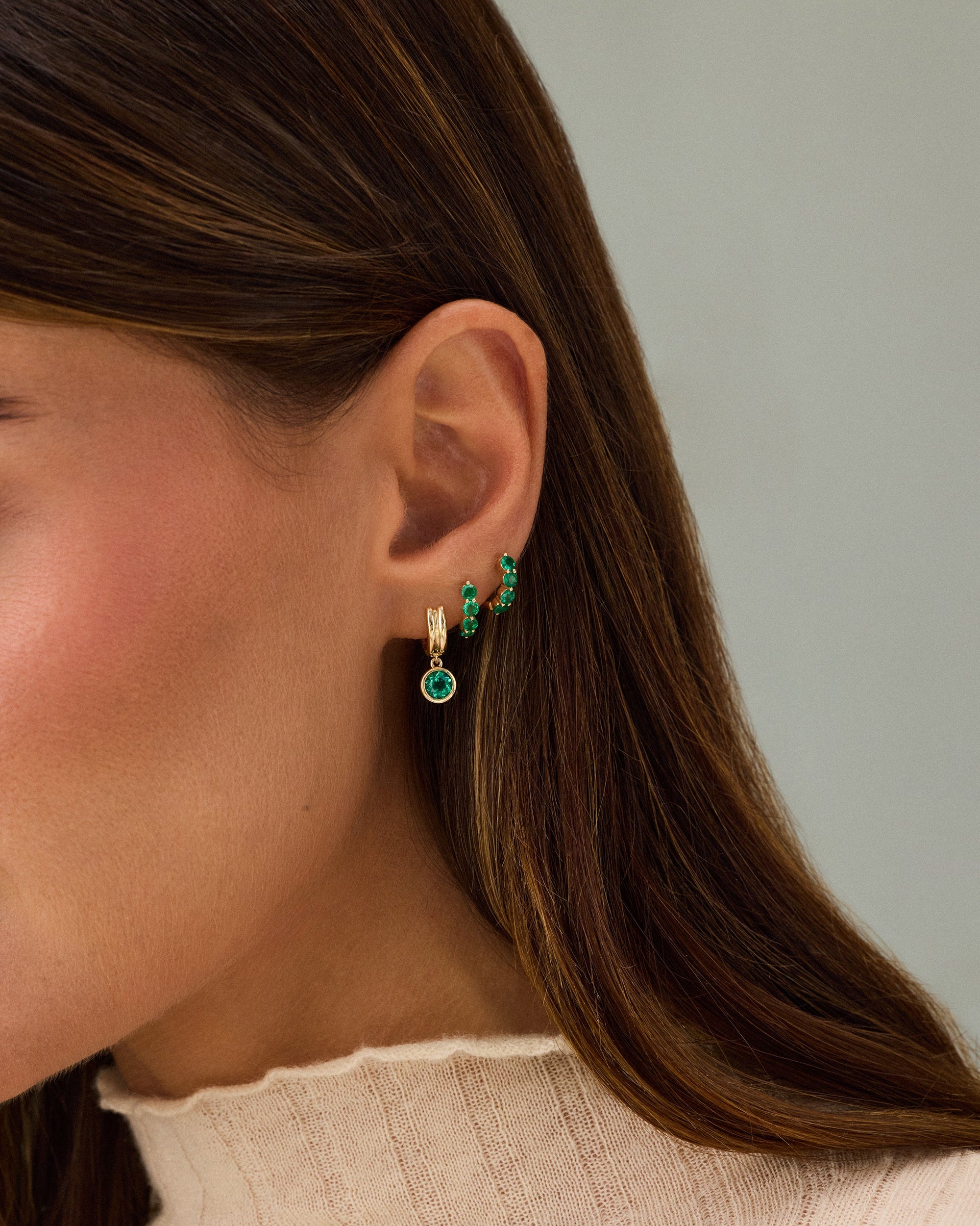 Bezel Set Round Emerald Drop Huggie Earrings