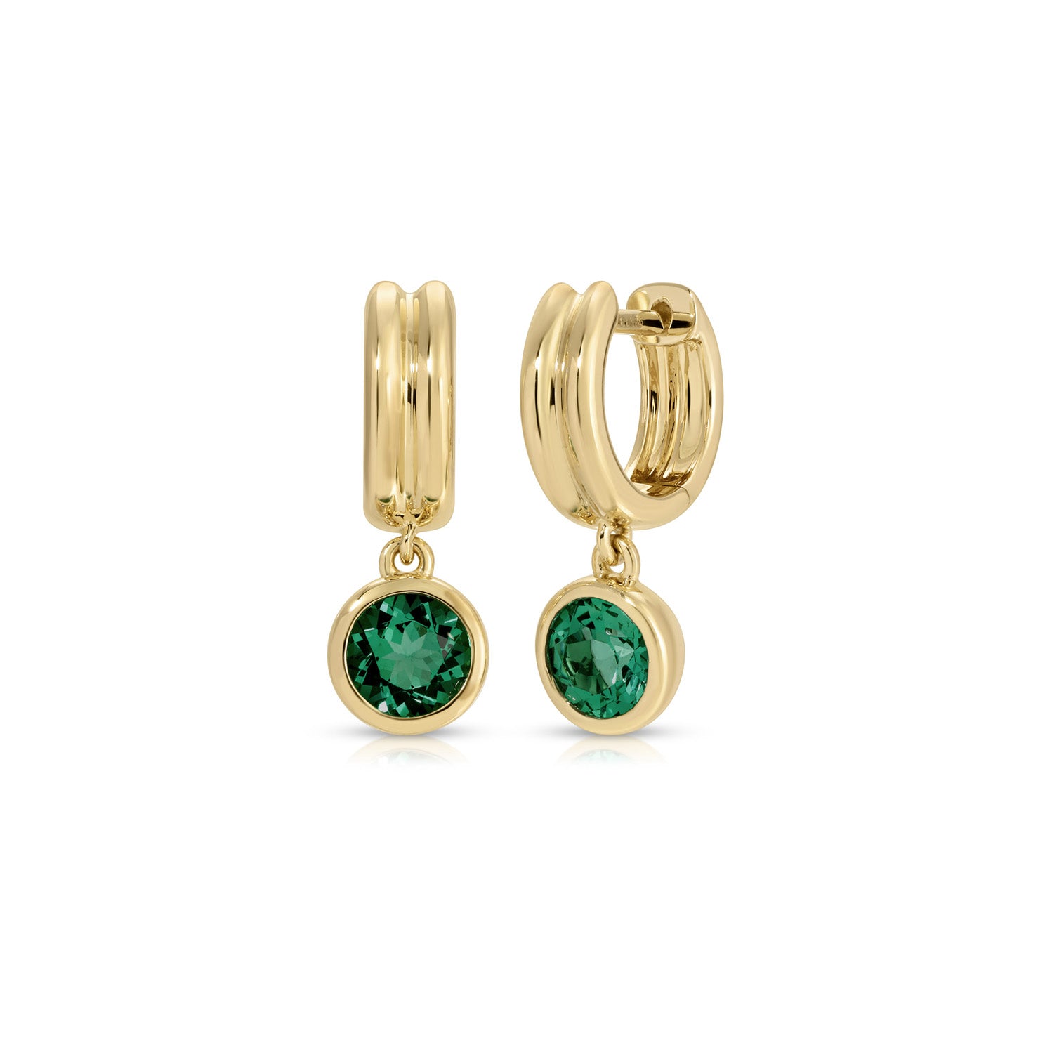 Bezel Set Round Emerald Drop Huggie Earrings