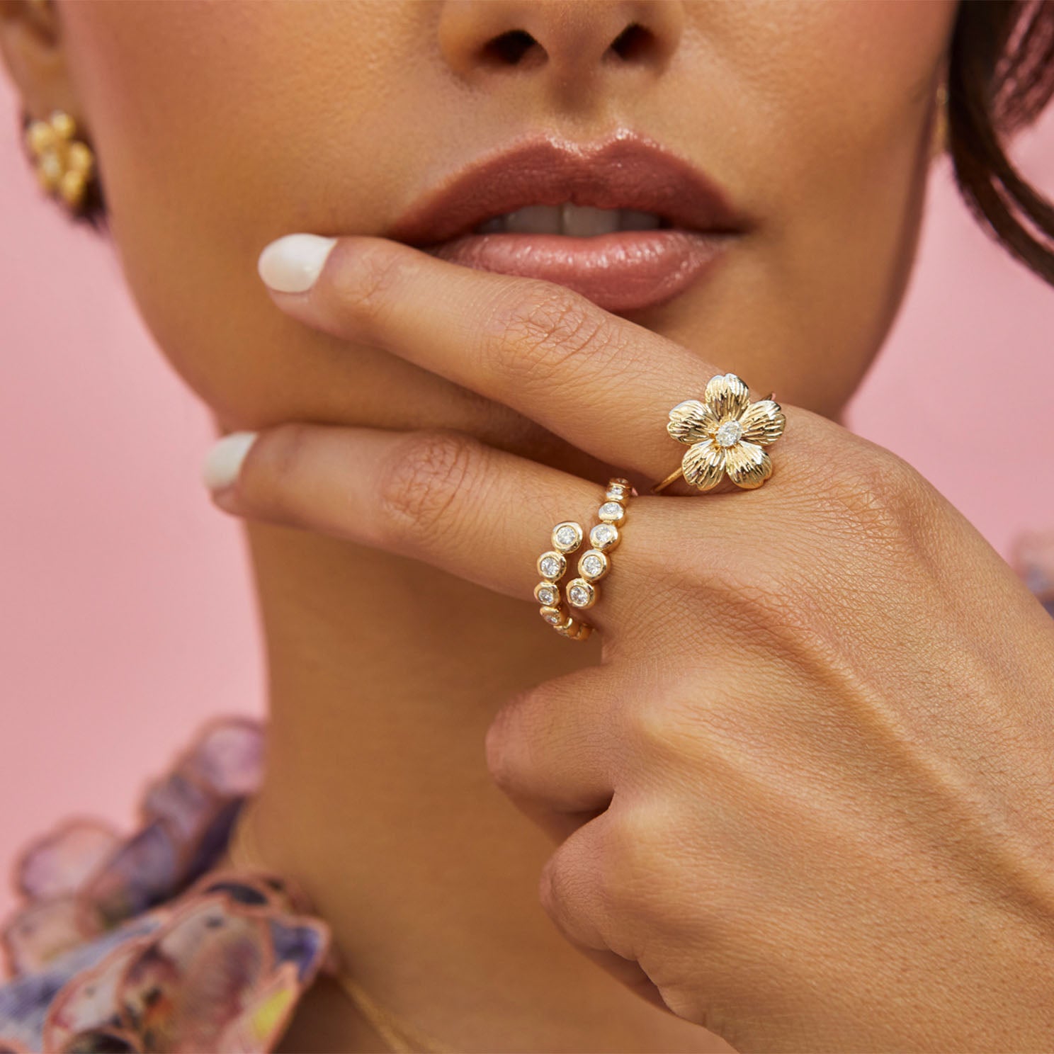 Cherry Blossom Ring in 14k yellow gold styled on index finger of model