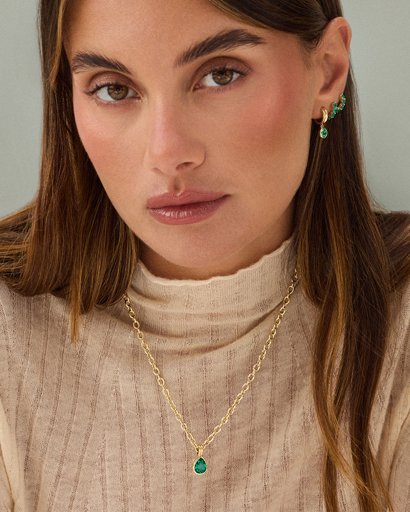 Bezel Set Round Emerald Drop Huggie Earrings