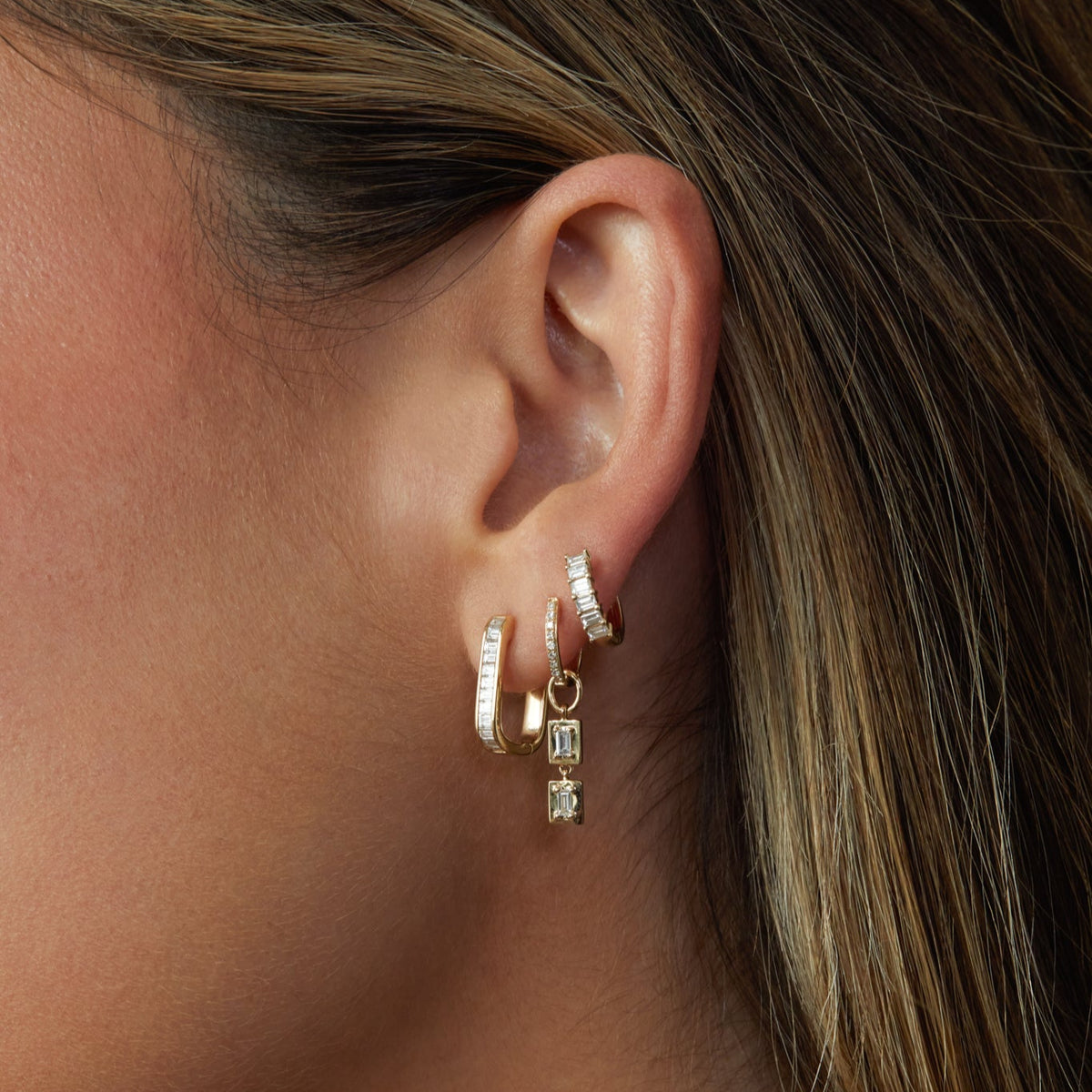 Gold Frame Double Baguette Diamond Huggie Charm on Diamond Mini Huggie Earring