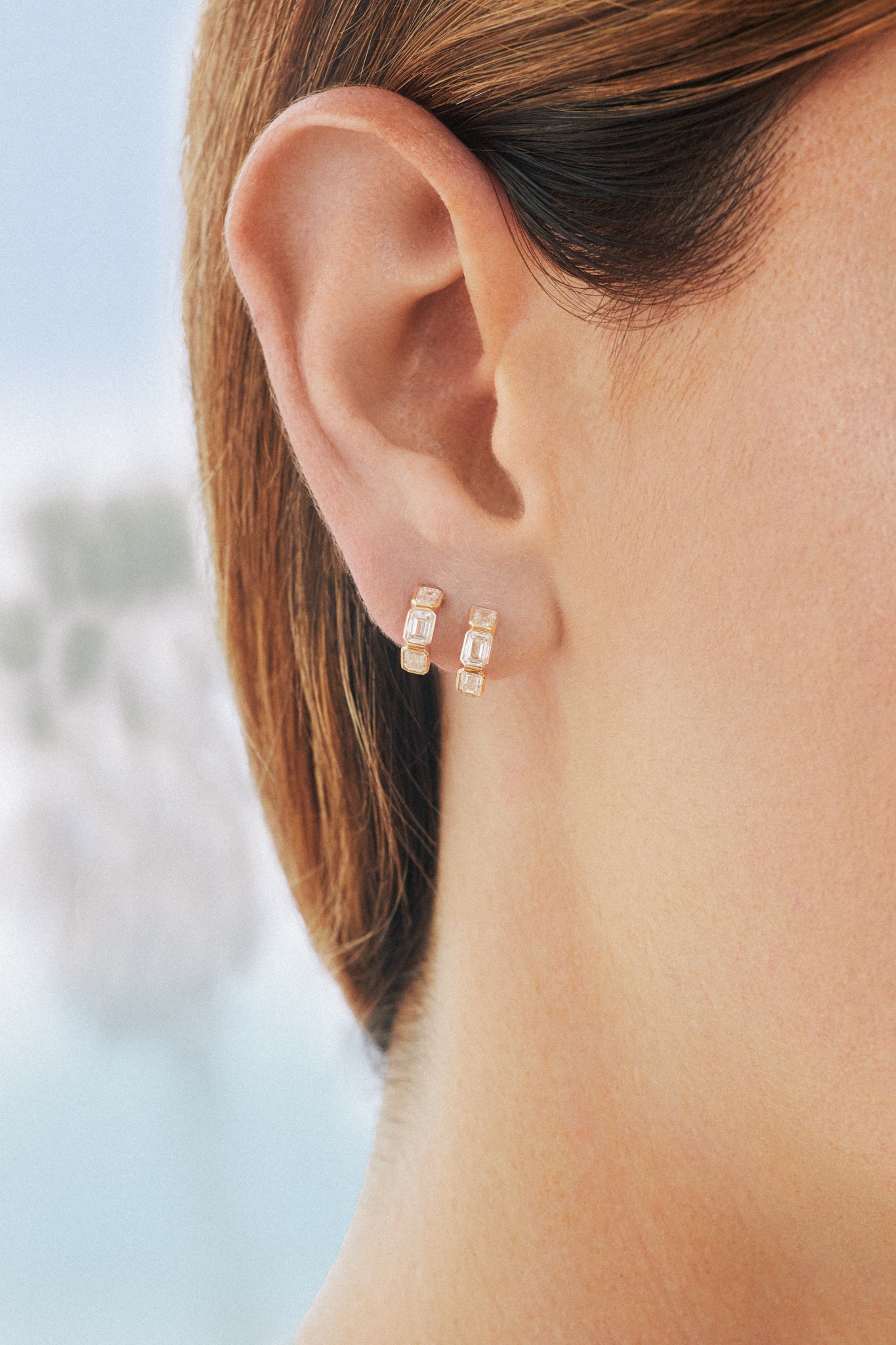 Emerald Cut Diamond Bezel Mini Huggie Earrings
