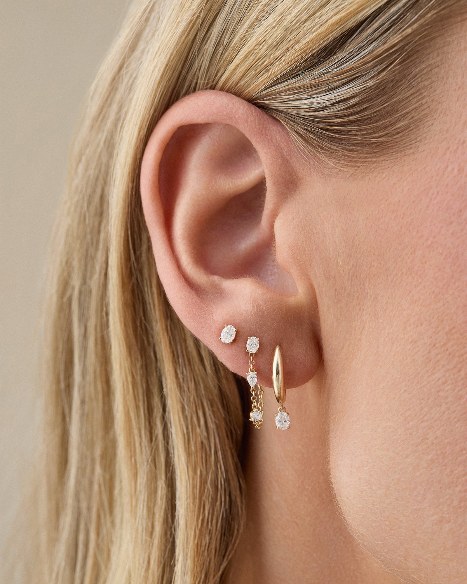 Diamond Oval Drop Gold Dome Huggie Earring