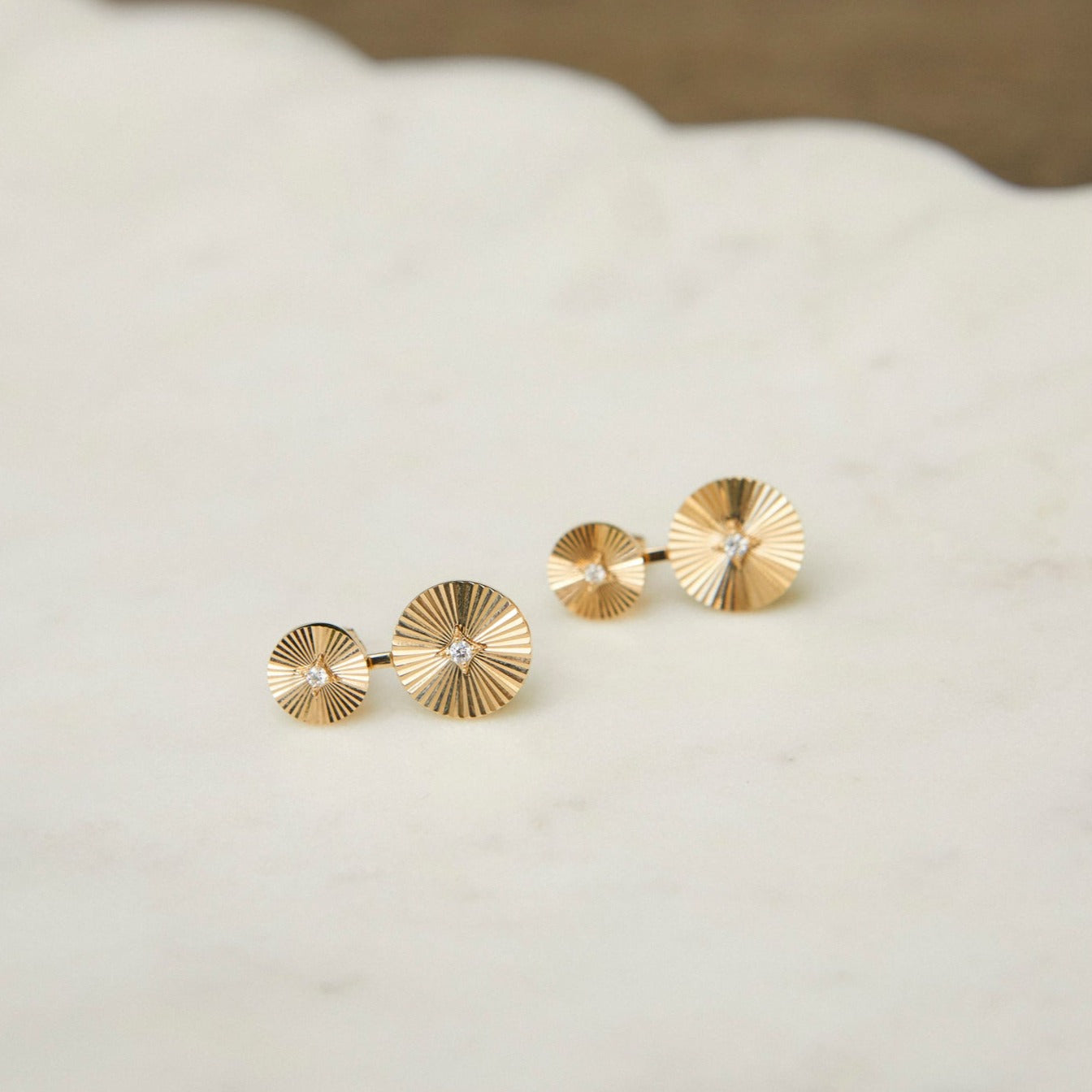 Double Gold & Diamond Fluted Disc Stud Earrings