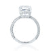 The Emily Engagement Ring with cushion cut center diamond with 3-sided micro pave diamonds on platinum band