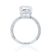 The Emily Engagement Ring with cushion cut center diamond with 3-sided micro pave diamonds on platinum band