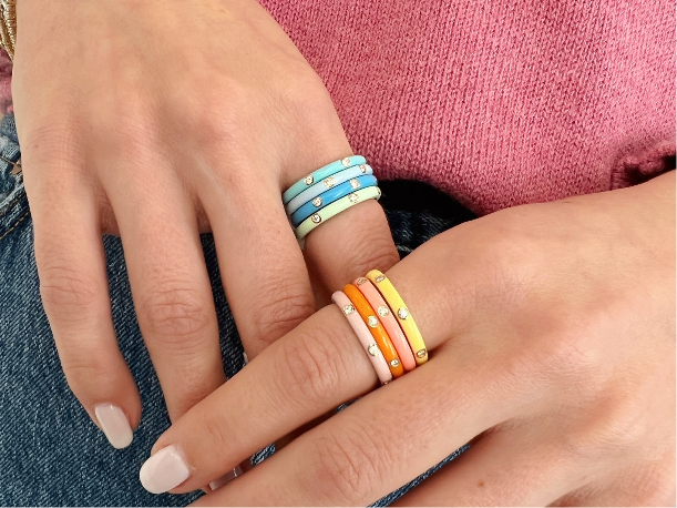 EF Collection enamel rings with diamonds styled on fingers of model