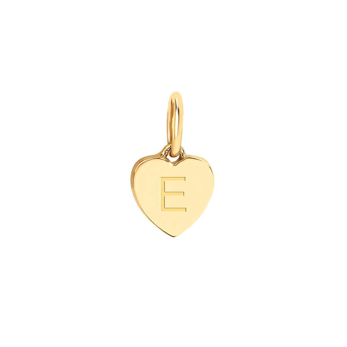 Gold Heart Necklace Charm in 14k yellow gold with block engraving of initial E