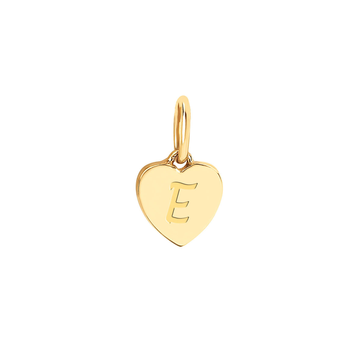 Gold Heart Necklace Charm in 14k yellow gold with script engraving of initial E