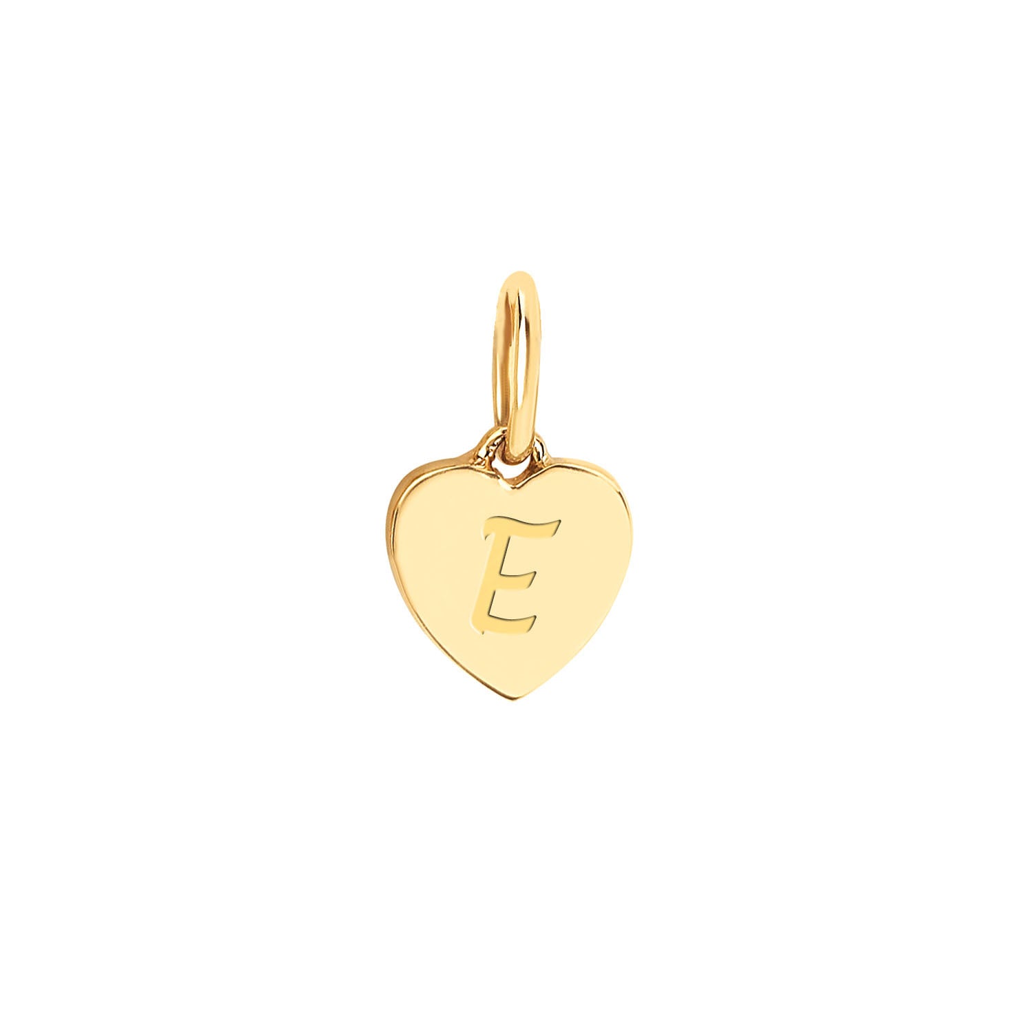 Gold Heart Necklace Charm in 14k yellow gold with script engraving of initial E