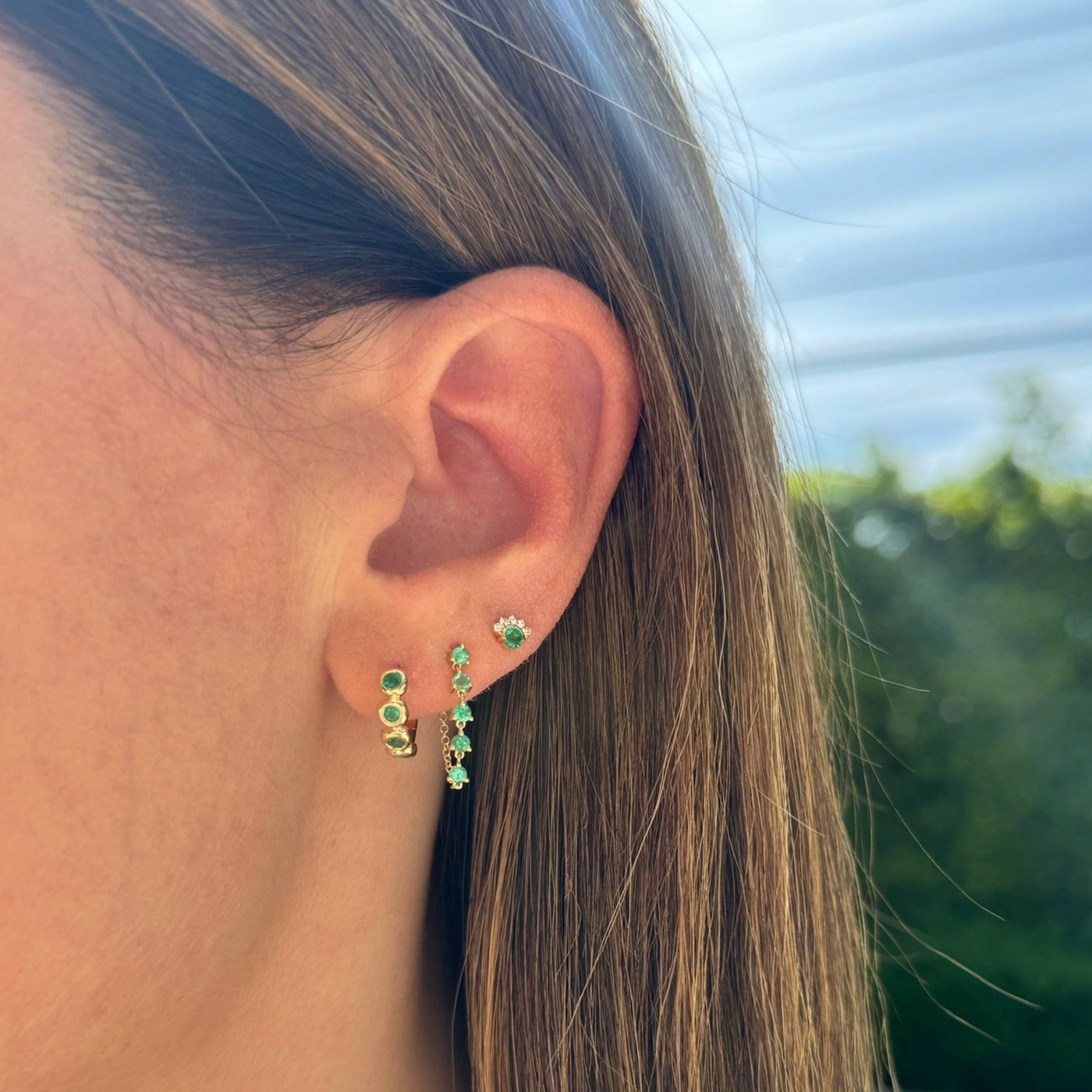 Diamond & Emerald Mini Fan Stud Earring