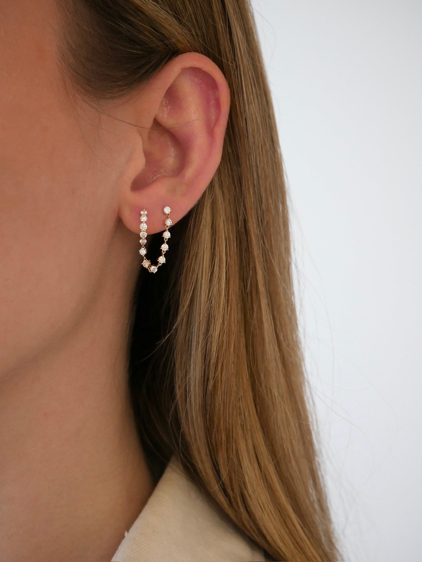 Jumbo Diamond Mini Huggie and Prong Set Chain Stud Earring