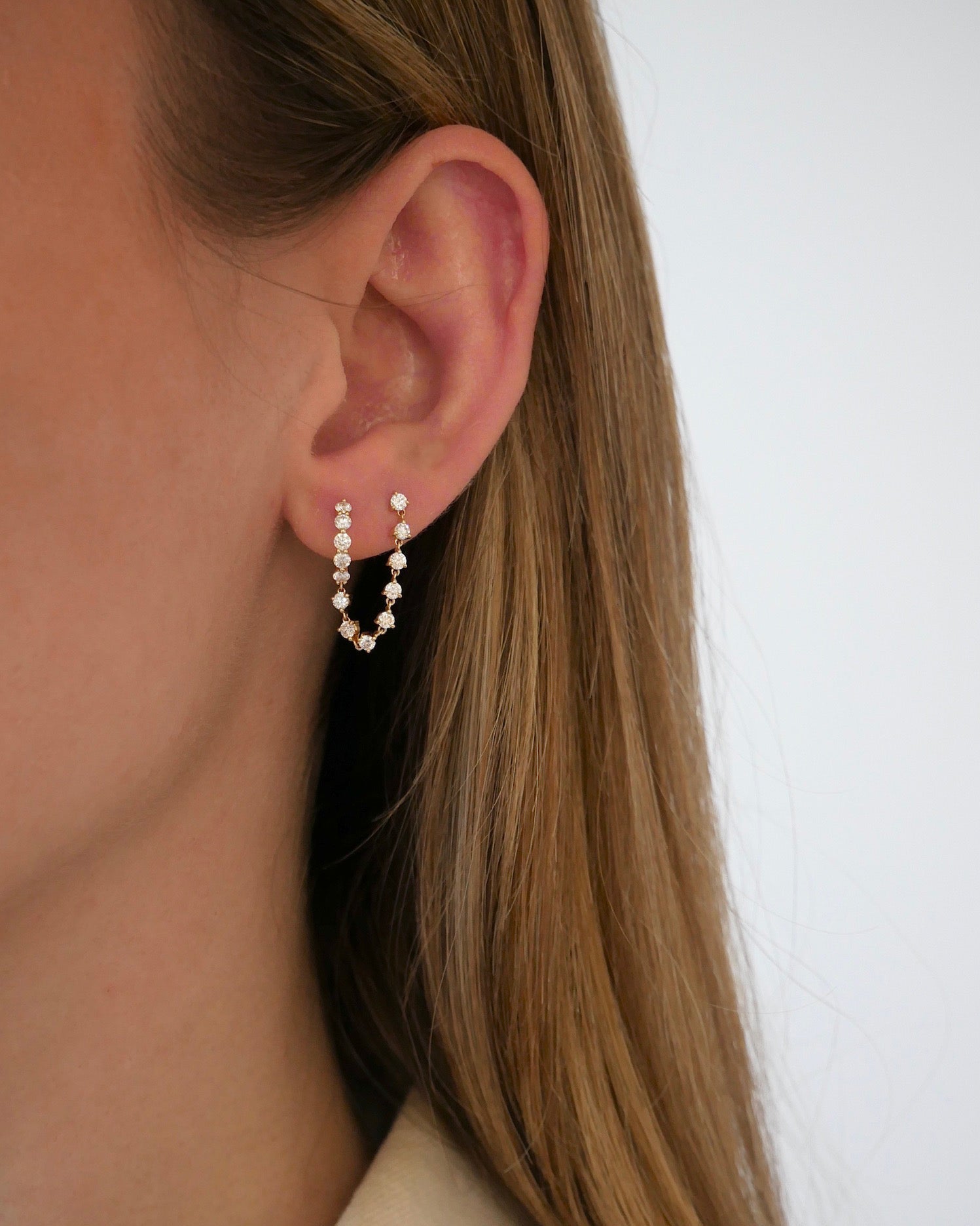 Jumbo Diamond Mini Huggie and Prong Set Chain Stud Earring