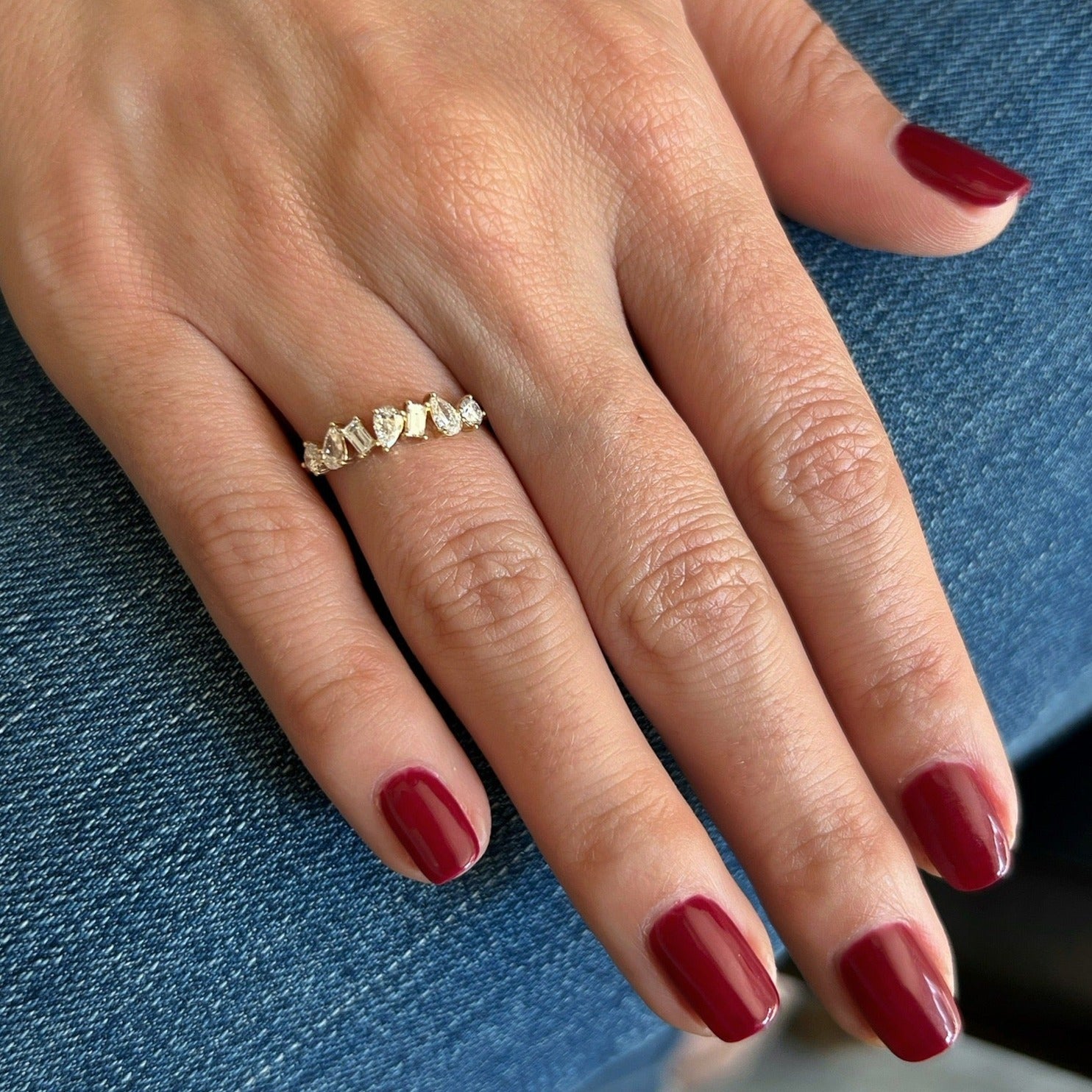 Jumbo Multi Faceted Diamond Ring styled on ring finger of model