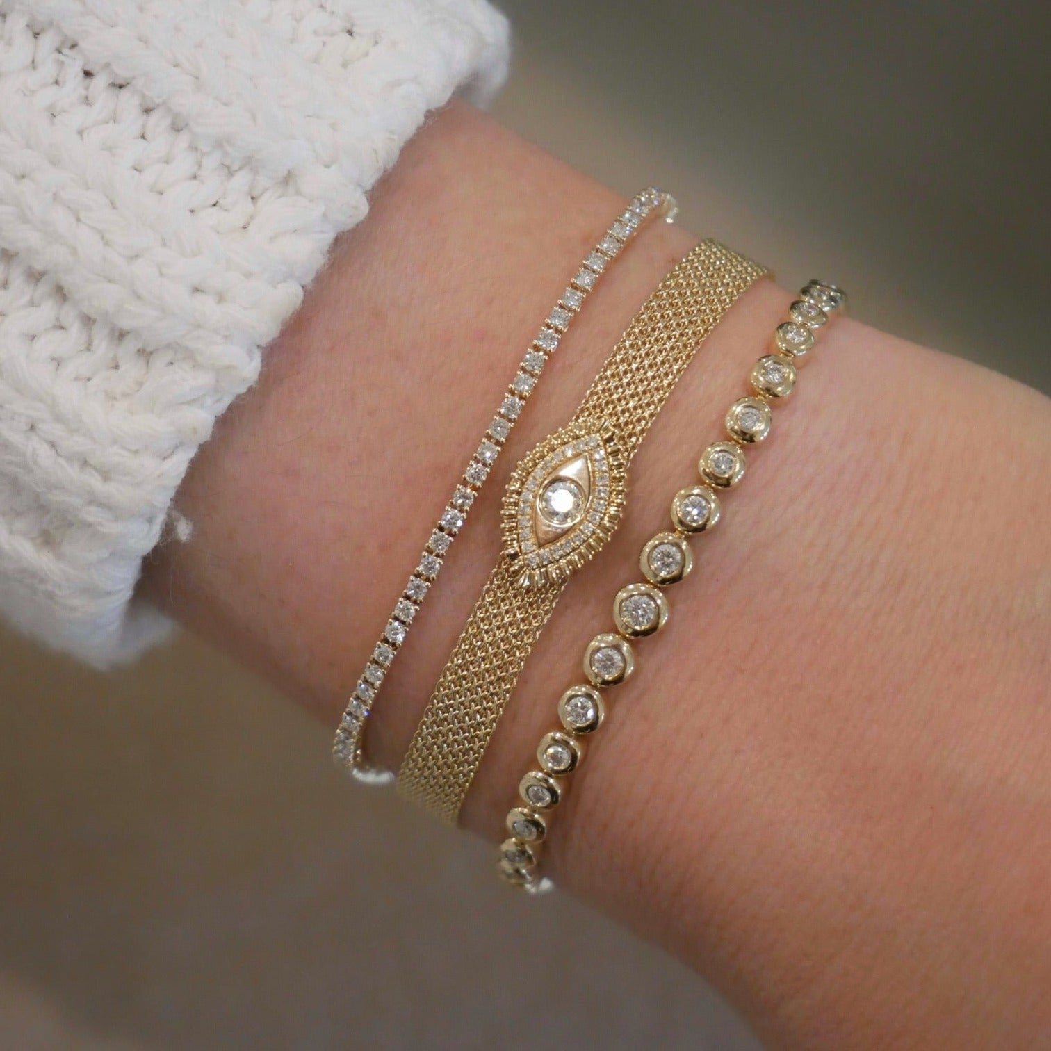 Gold & Diamond Evil Eye Protection Mesh Bracelet