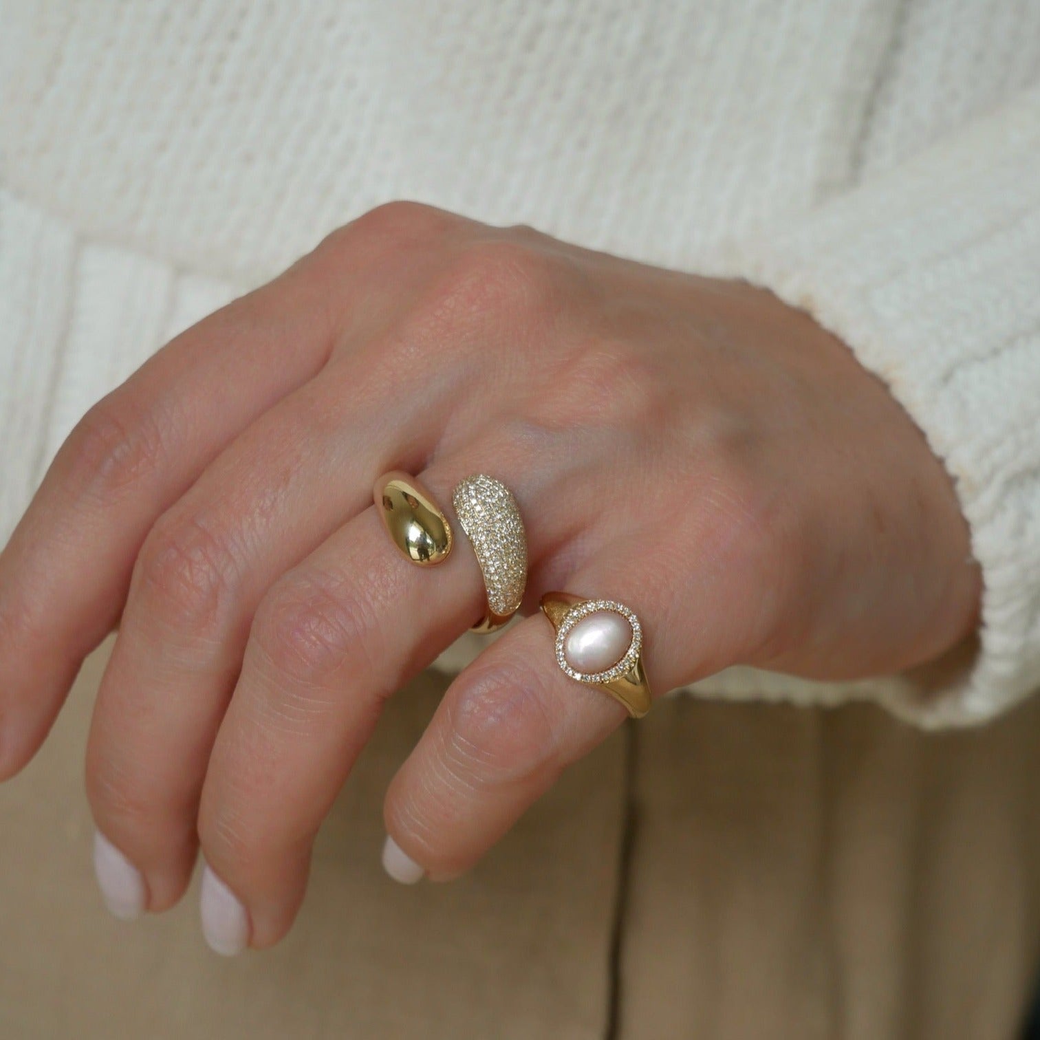 Diamond & Pink Mother of Pearl Cabochon Signet Ring