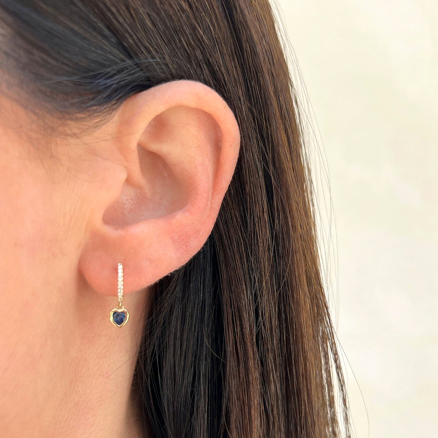 Blue Sapphire Heart Drop Diamond Mini Huggie Earrings