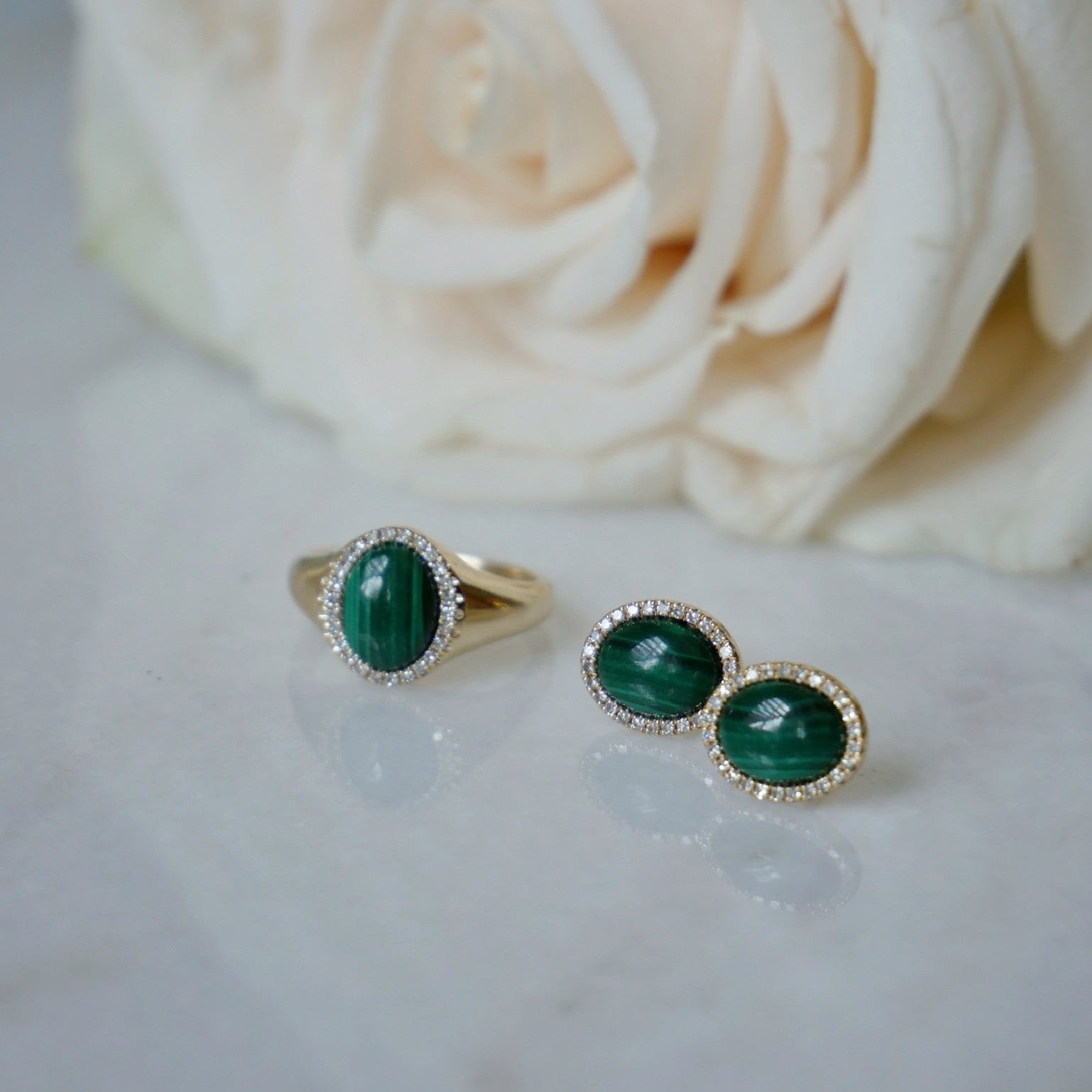 Diamond & Malachite Cabochon Stud Earrings