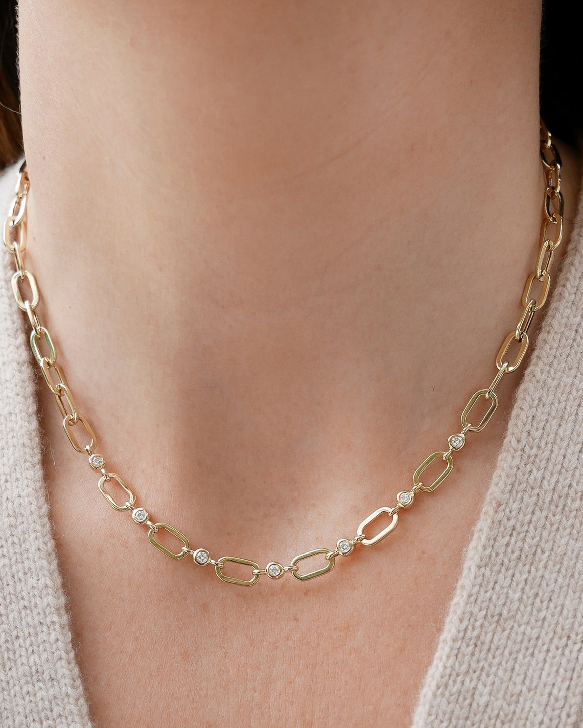 Diamond Pillow Jumbo Link Chain Necklace in 14k yellow gold styled on neck of model