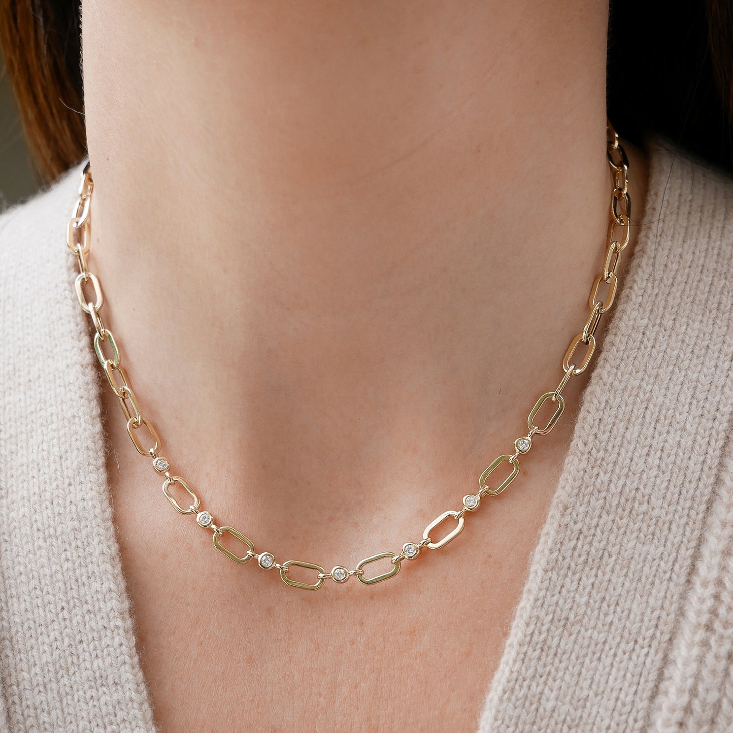 Diamond Pillow Jumbo Link Chain Necklace in 14k yellow gold styled on neck of model