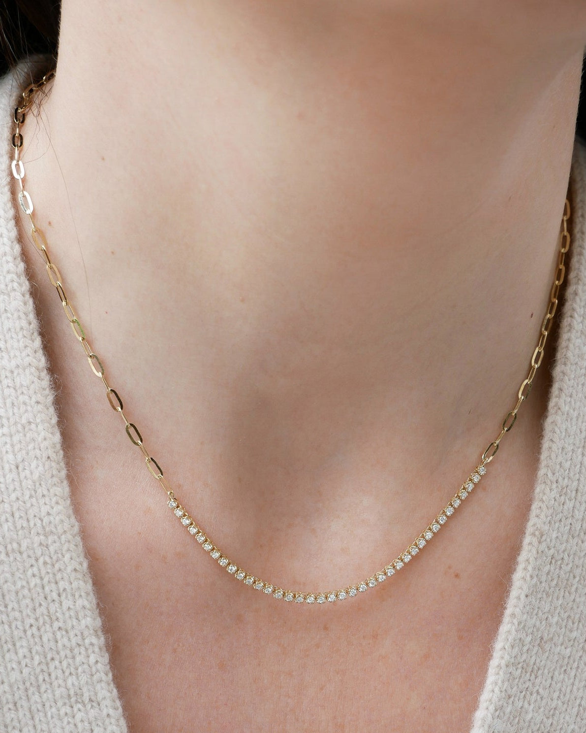 Diamond Segment Mini Link Necklace in 14k yellow gold styled on neck of model