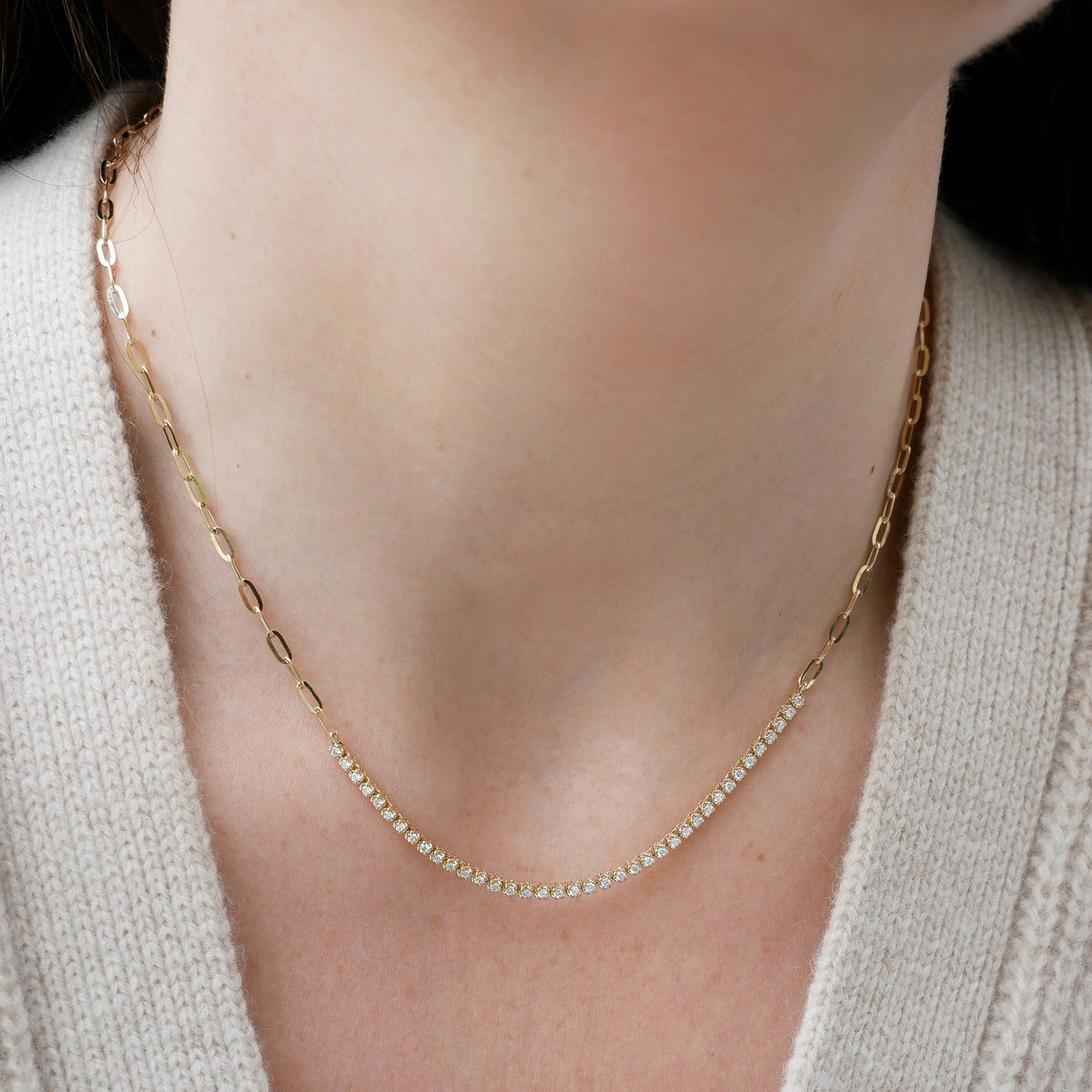 Diamond Segment Mini Link Necklace in 14k yellow gold styled on neck of model