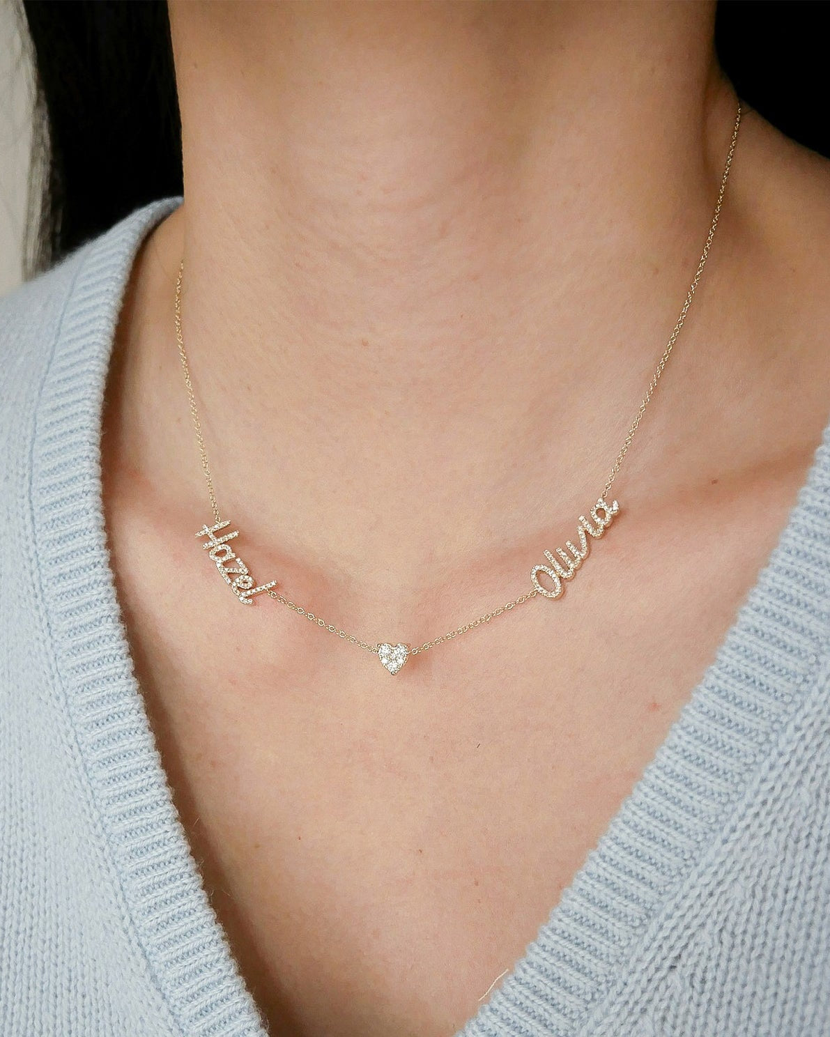 Full Cut Heart Double Diamond Script Name Necklace