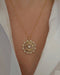 Floating Name & Date Necklace in 14k yellow gold with initials AUSTIN and date 3.10.21 styled on neck of model