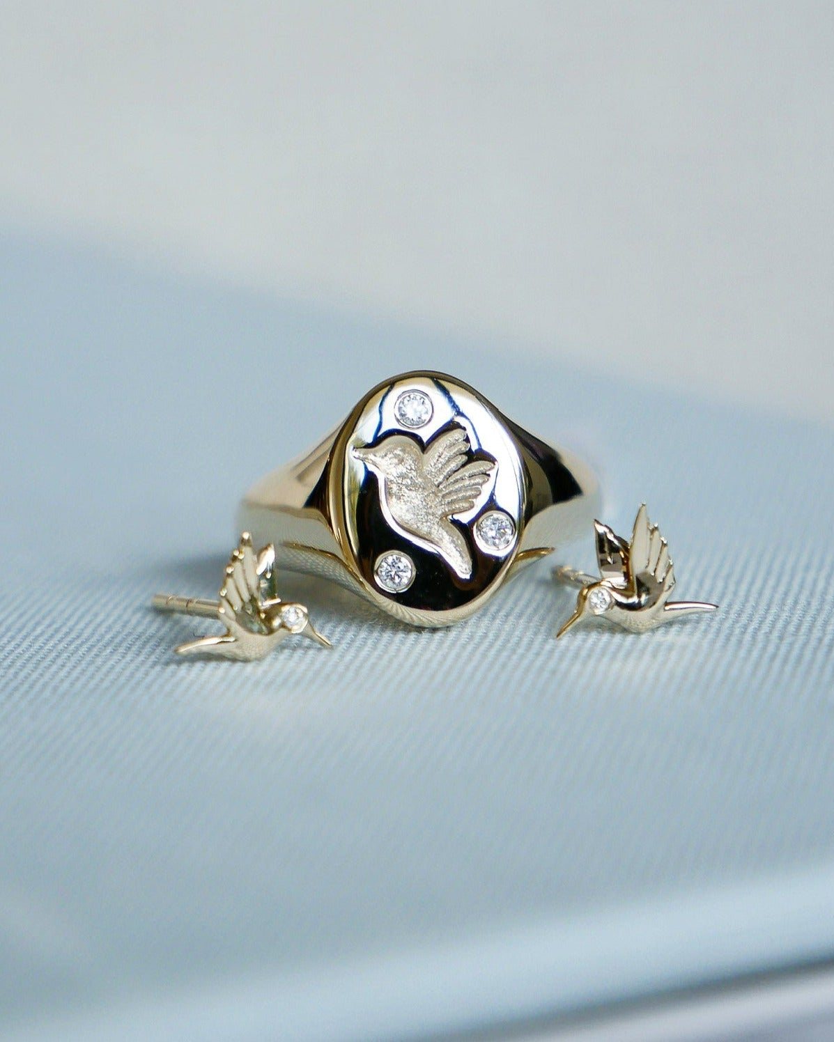Diamond Hummingbird Signet Ring