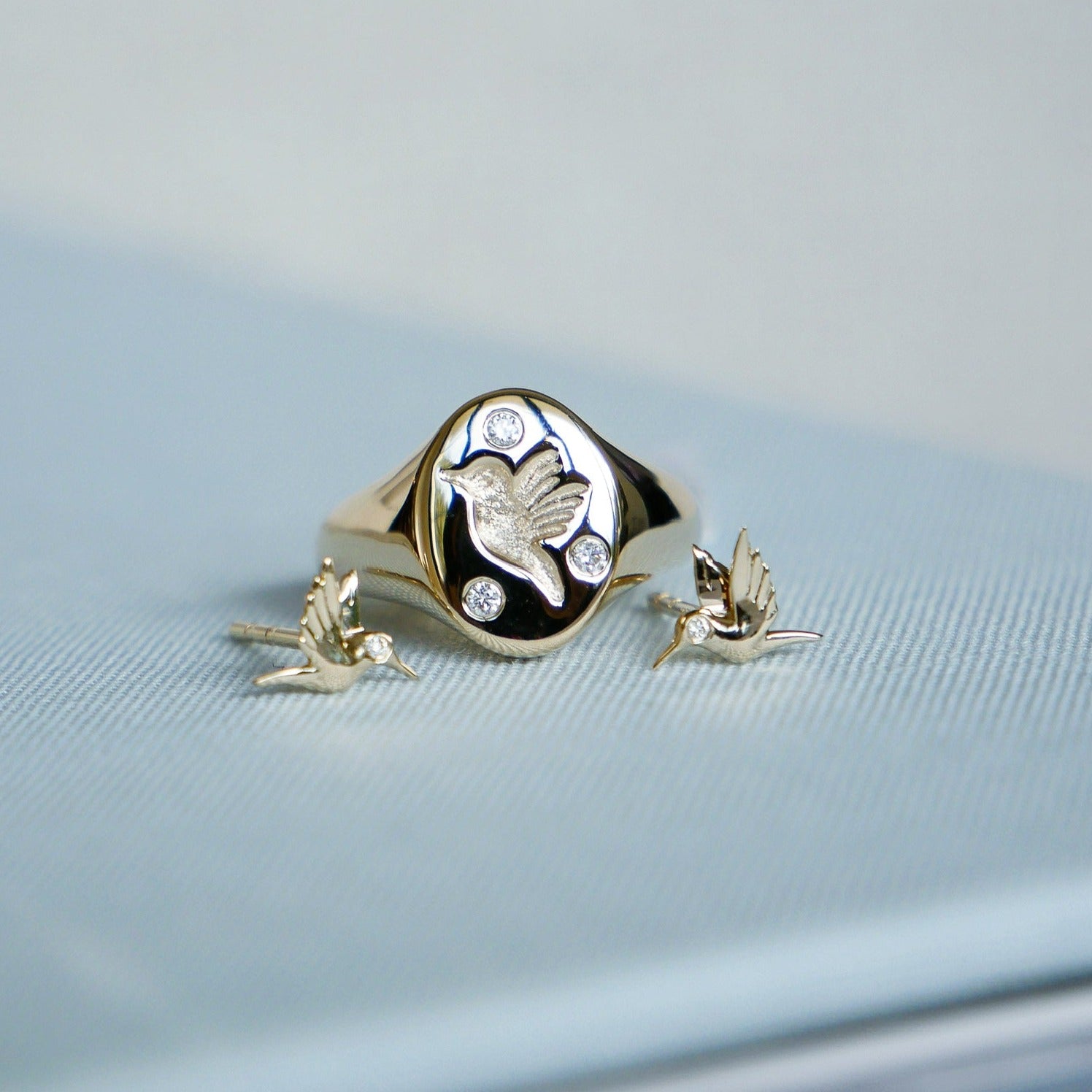 Diamond Hummingbird Signet Ring