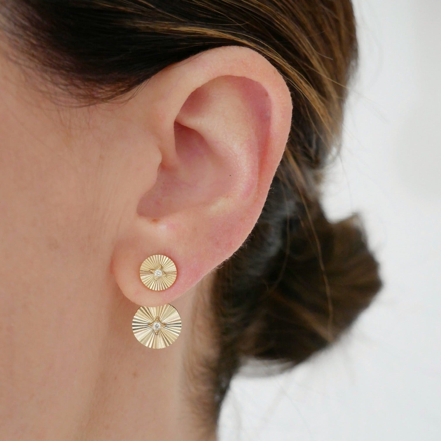 Double Gold & Diamond Fluted Disc Stud Earrings