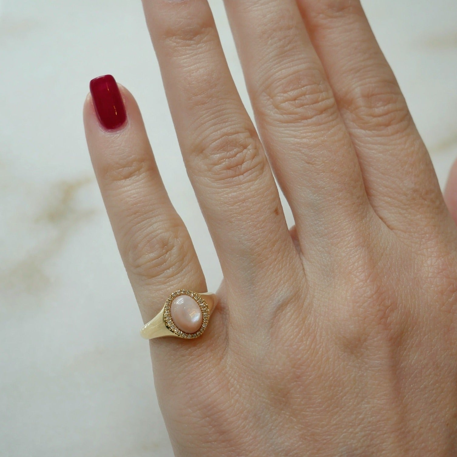 Diamond Pink Mother of Pearl Cabochon Signet Ring