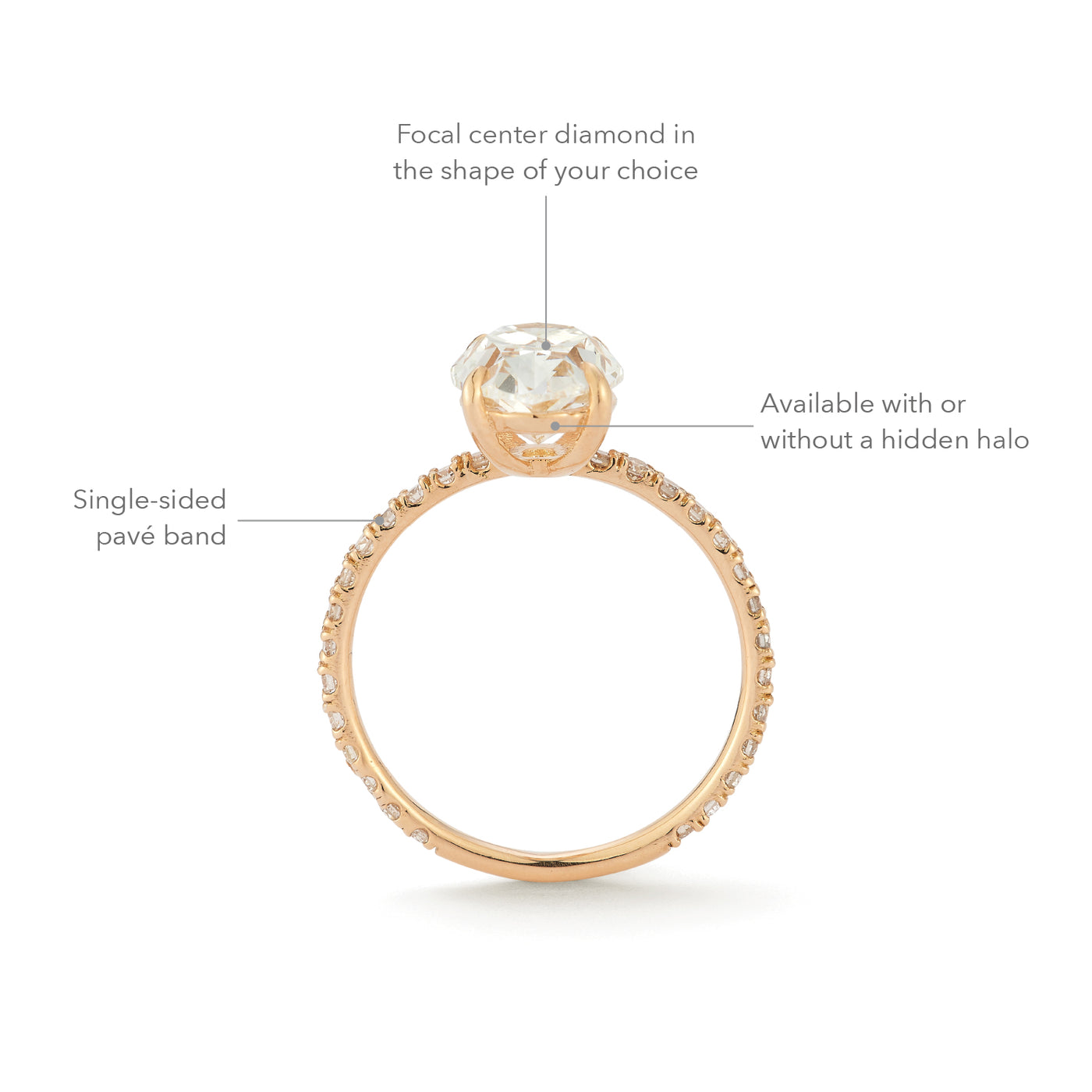 The Jessica Engagement Ring with oval center diamond and micro pave diamonds on rose gold band