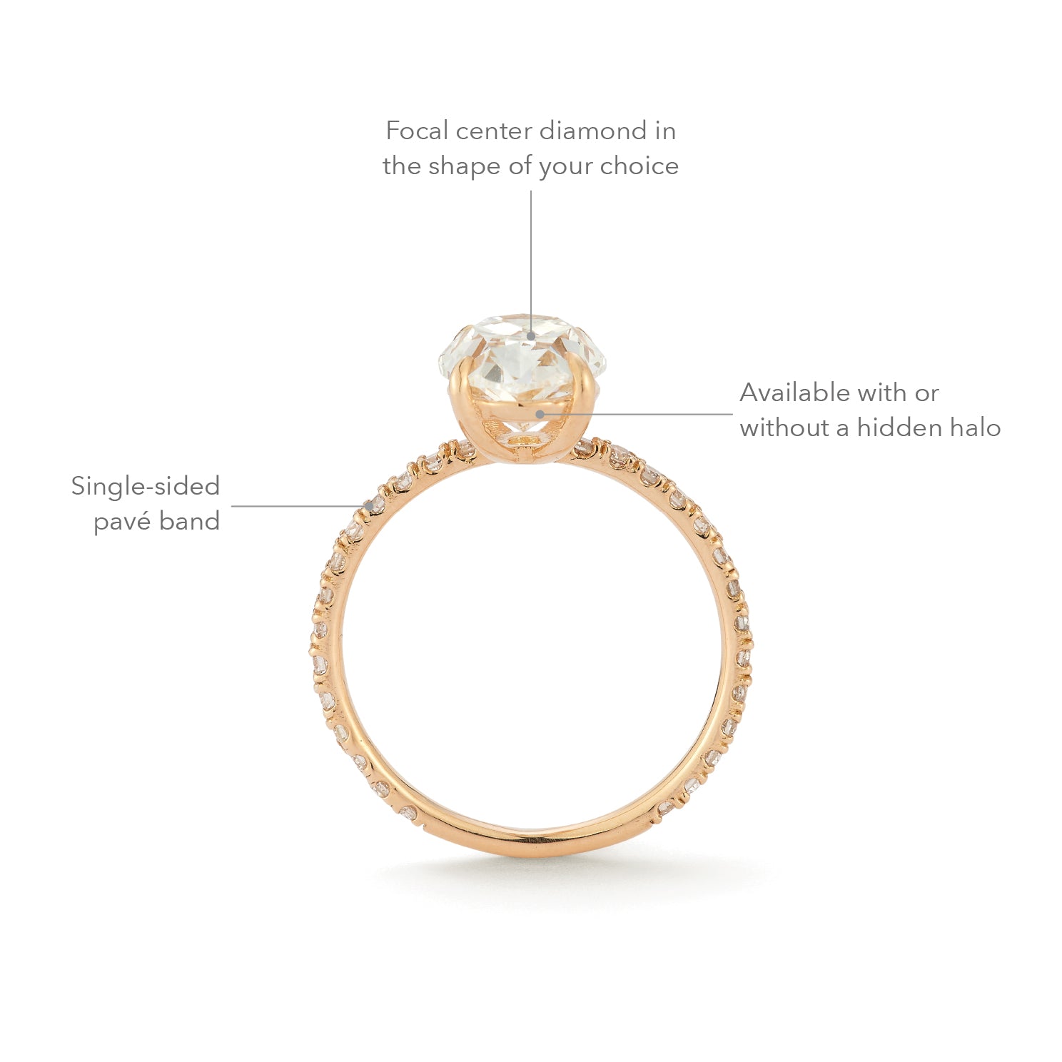 The Jessica Engagement Ring with oval center diamond and micro pave diamonds on rose gold band