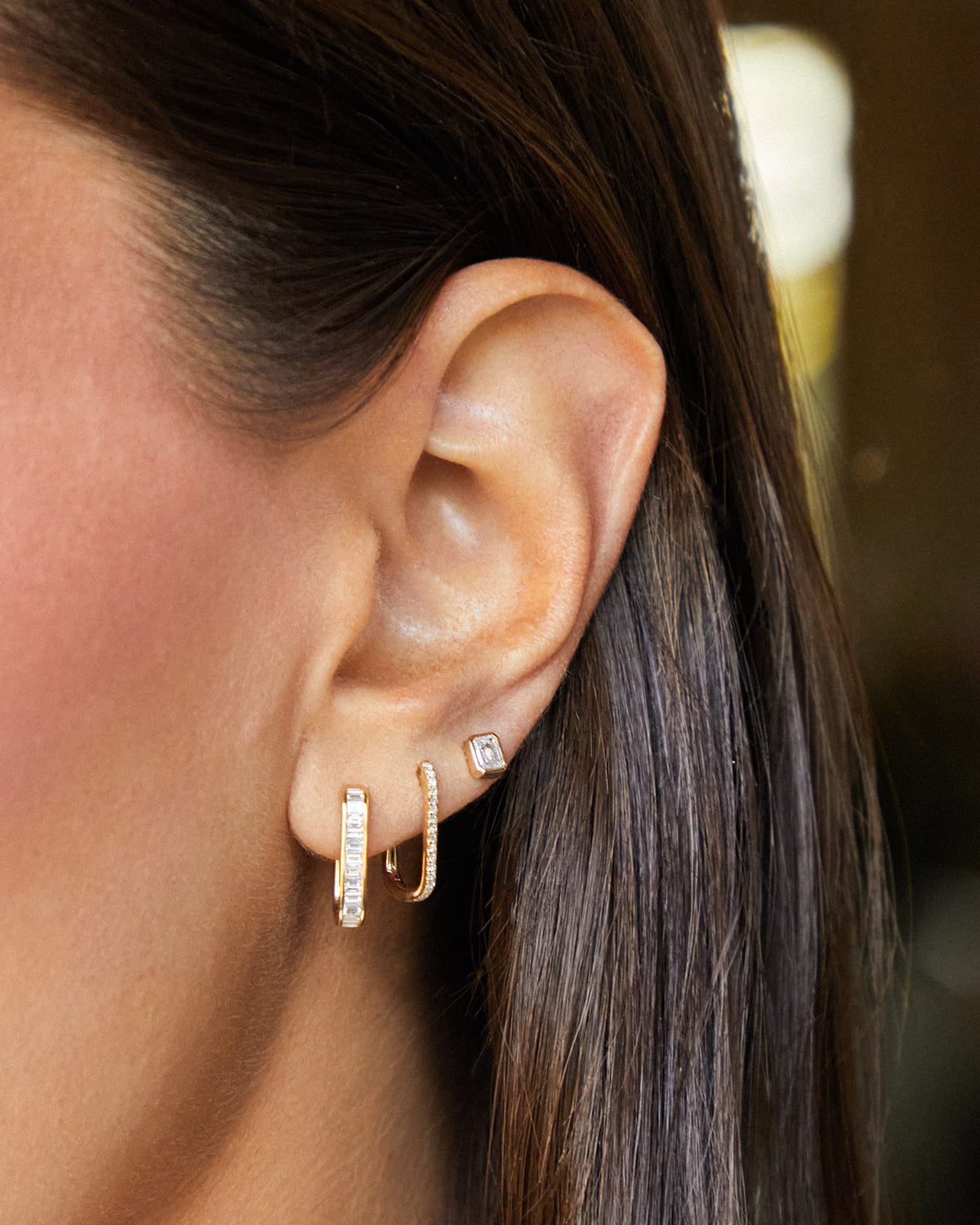 Bezel Set Emerald Cut Diamond Stud Earring