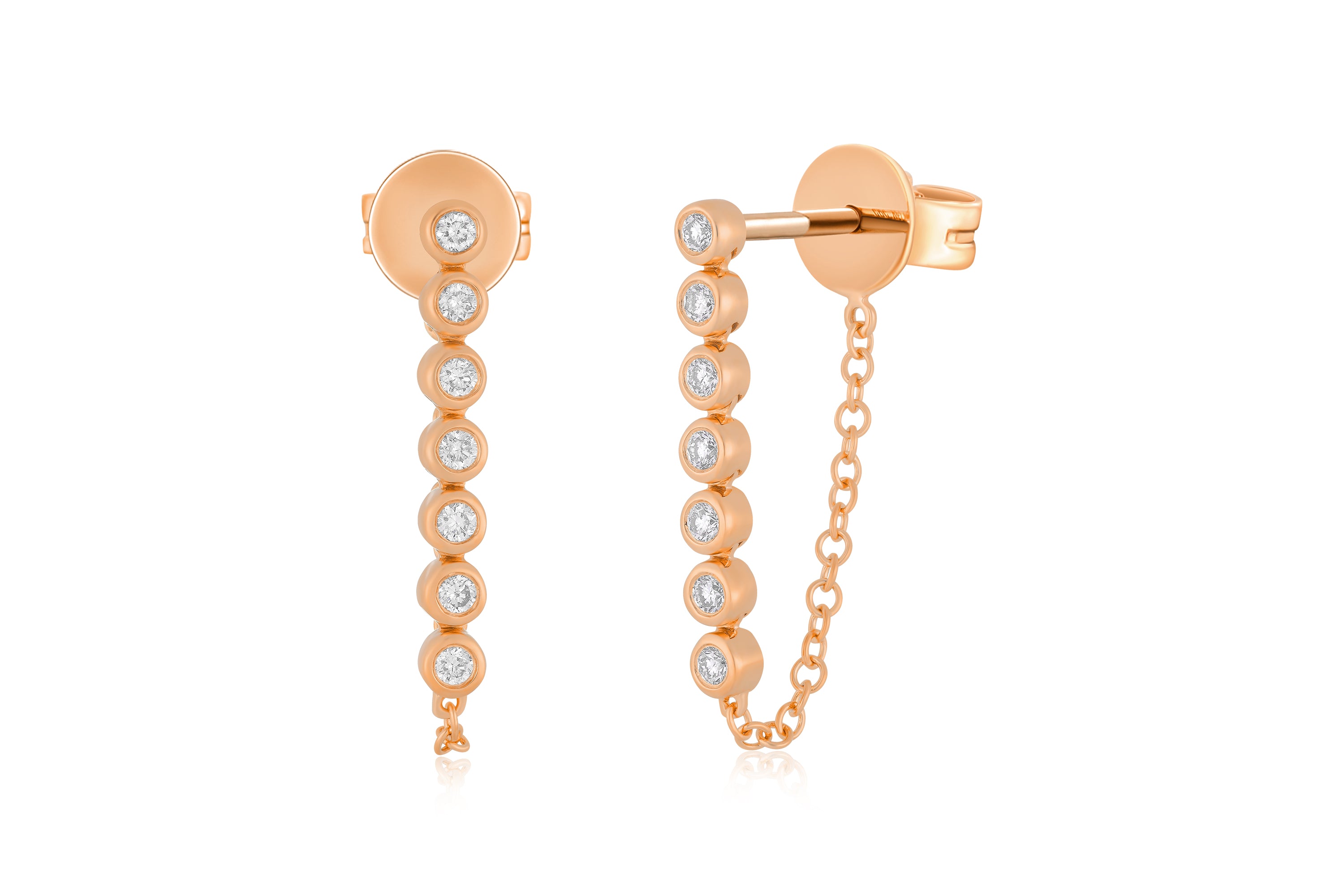 Multi Diamond Bezel Chain Stud Earring in 14k Rose Gold with diamonds chain earrings