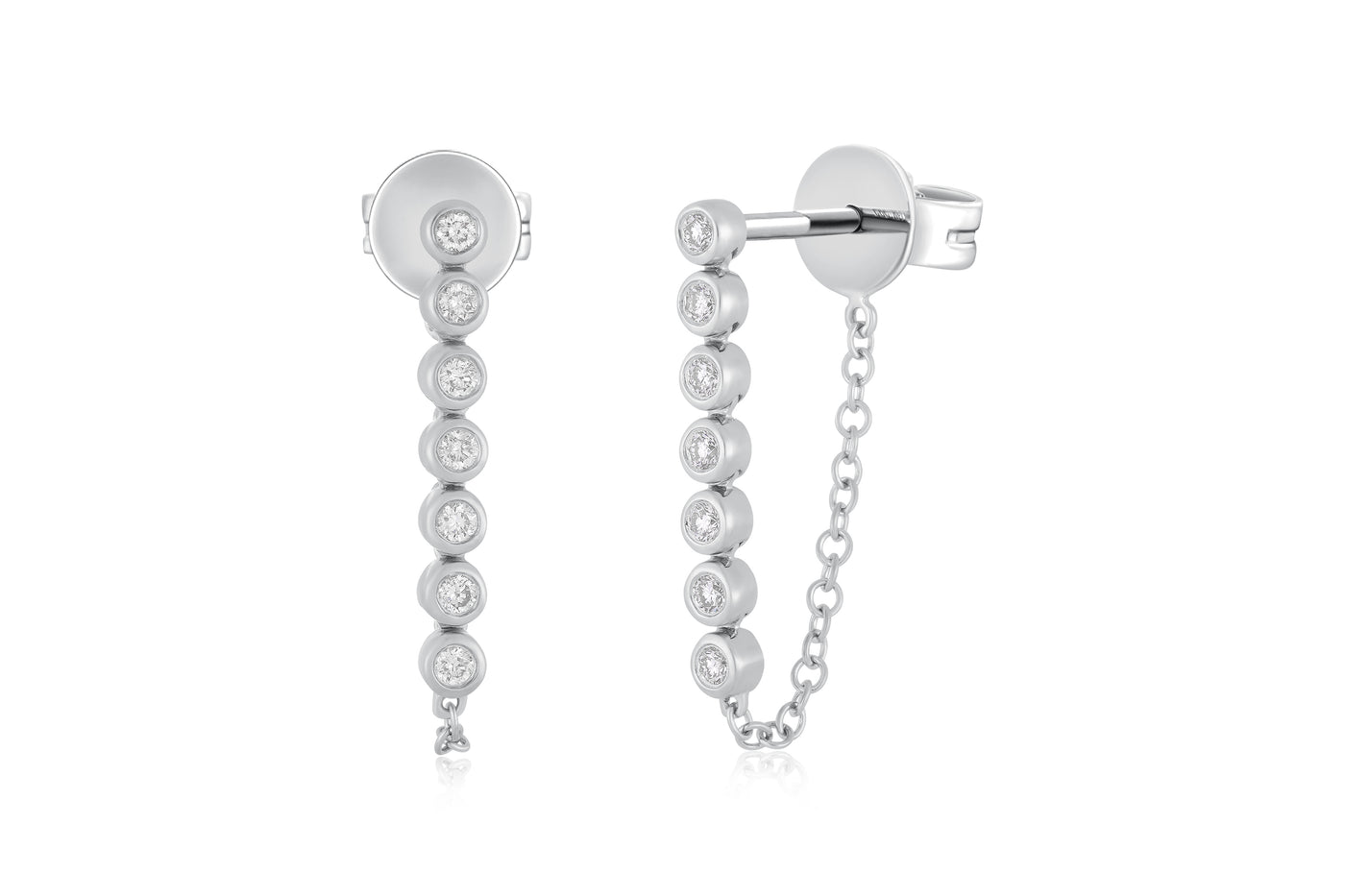 Multi Diamond Bezel Chain Stud Earring in 14k White Gold with diamonds chain earrings