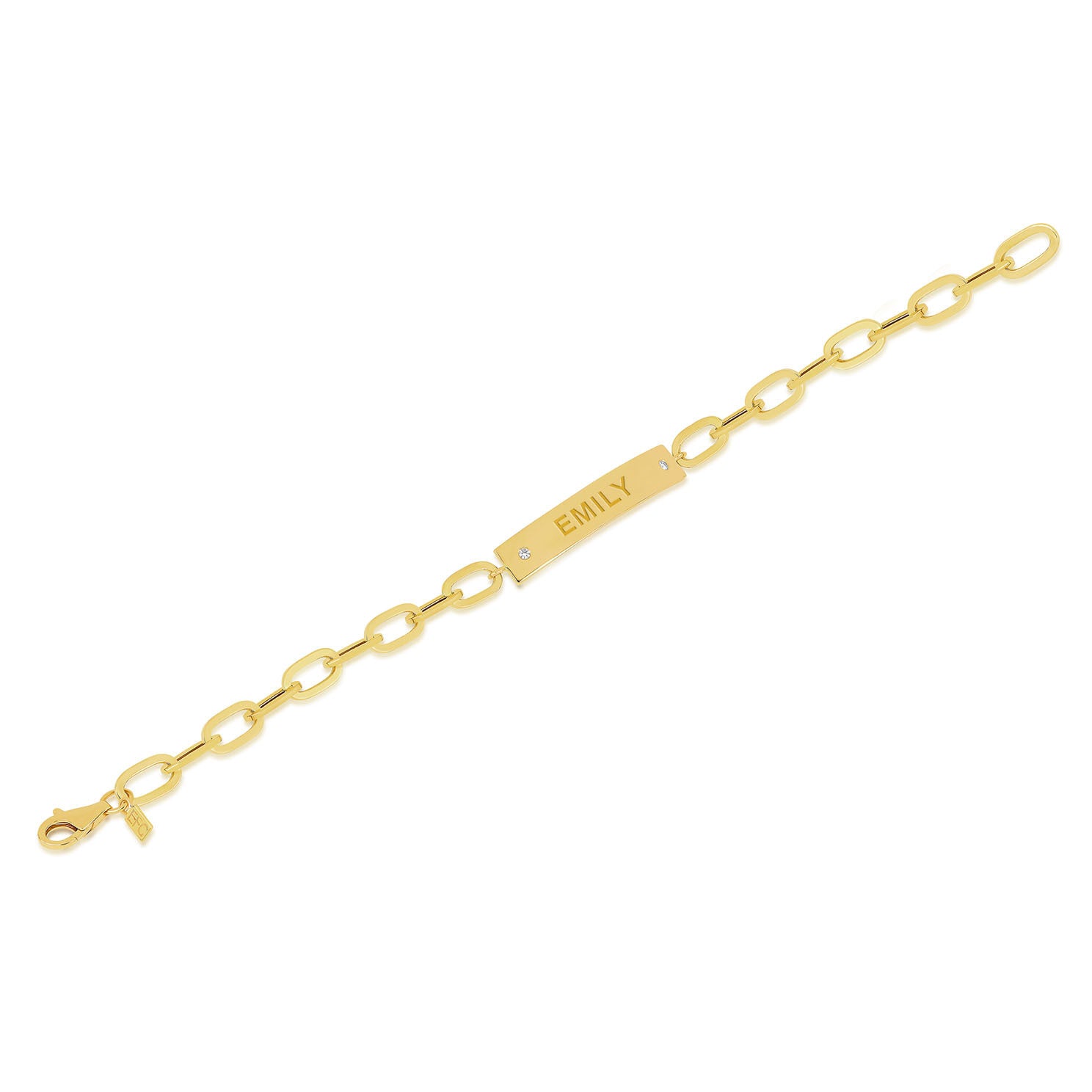 Nameplate Jumbo Link Bracelet in 14k yellow gold engraved with initials EMILY in block font