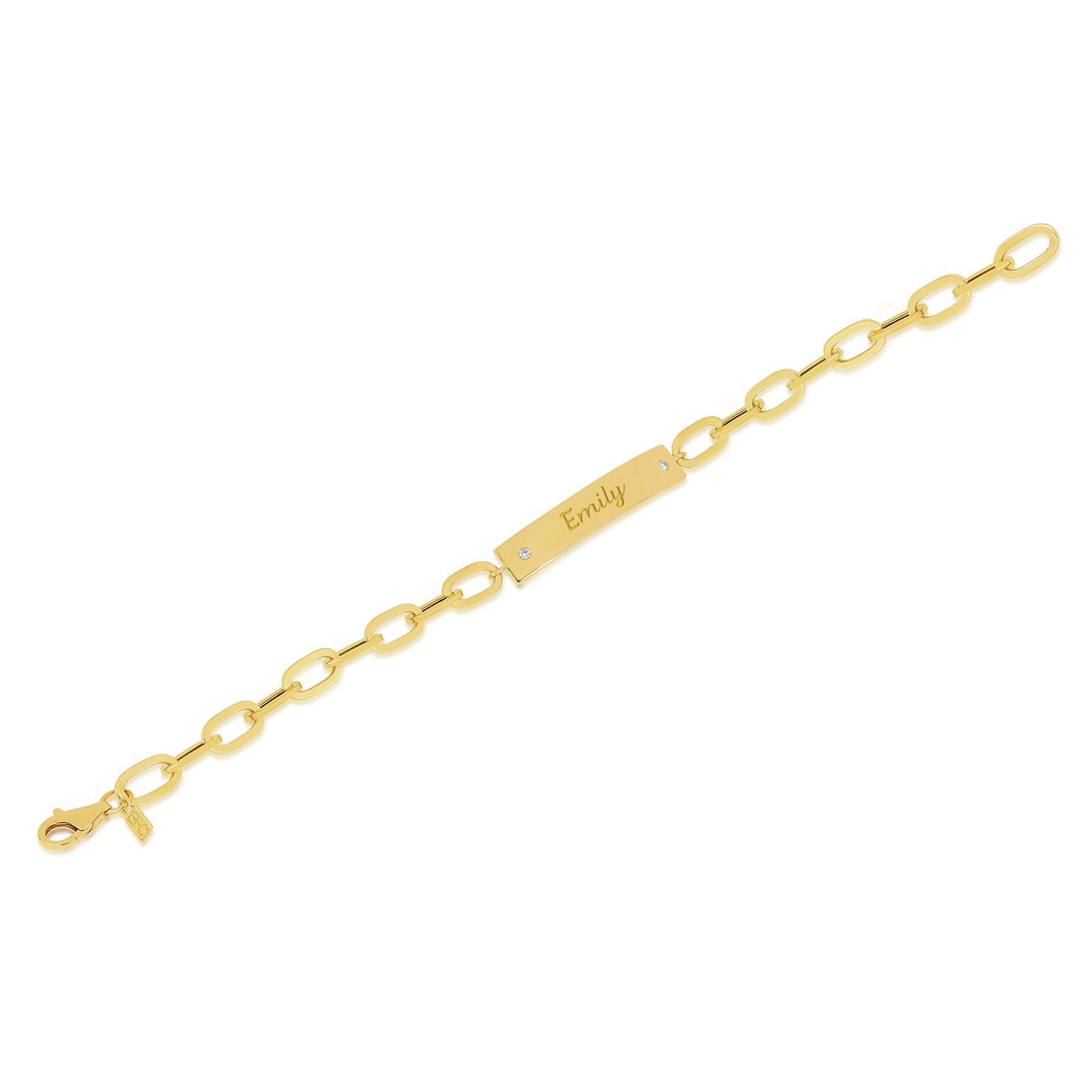 Nameplate Jumbo Link Bracelet in 14k yellow gold engraved with initials EMILY in script font