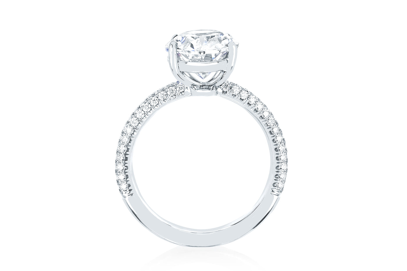 The Emily Engagement Ring with oval cut center diamond with 3-sided micro pave diamonds on platinum band