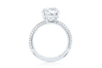 The Emily Engagement Ring with oval cut center diamond with 3-sided micro pave diamonds on platinum band