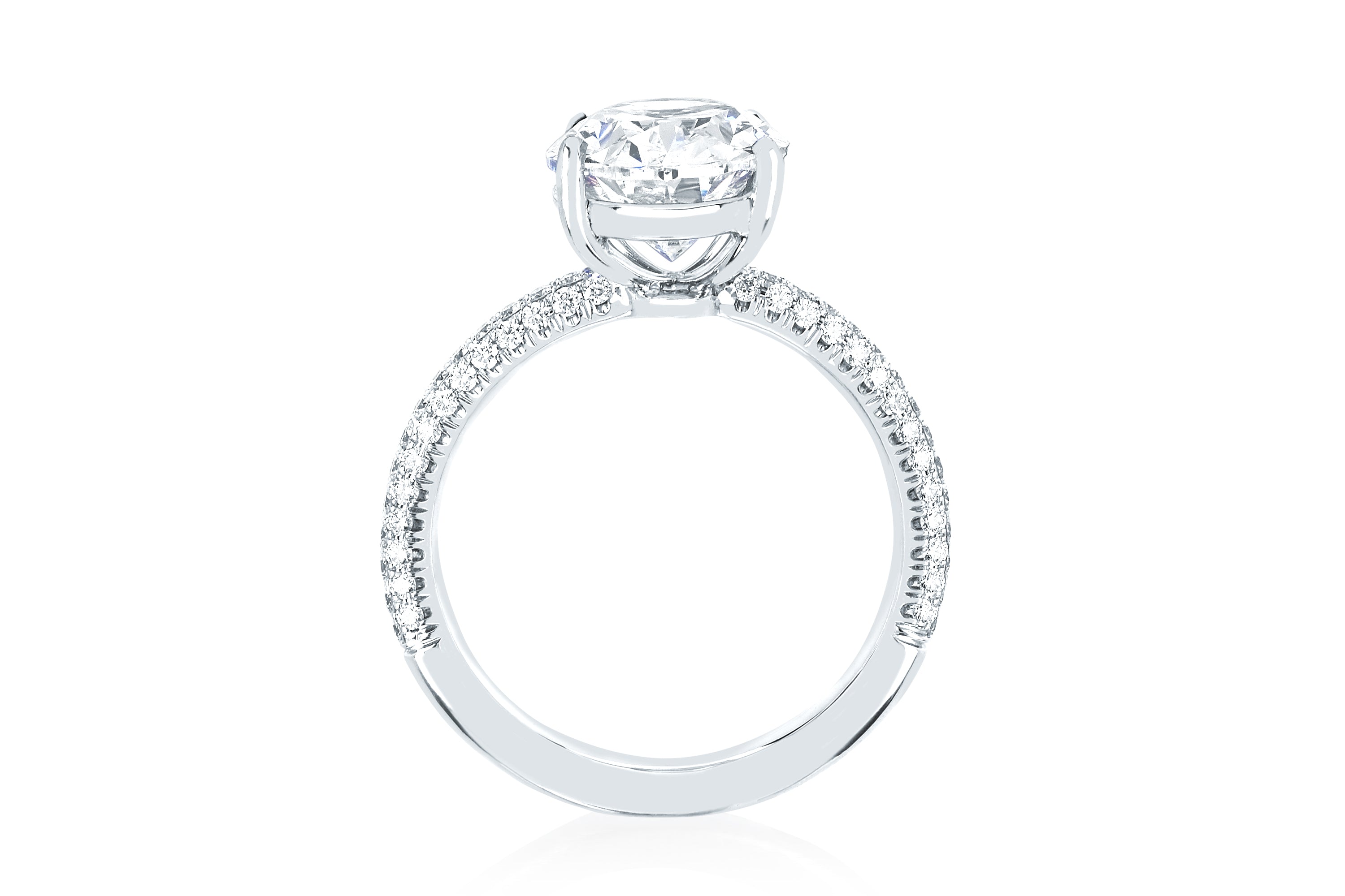 The Emily Engagement Ring with oval cut center diamond with 3-sided micro pave diamonds on platinum band