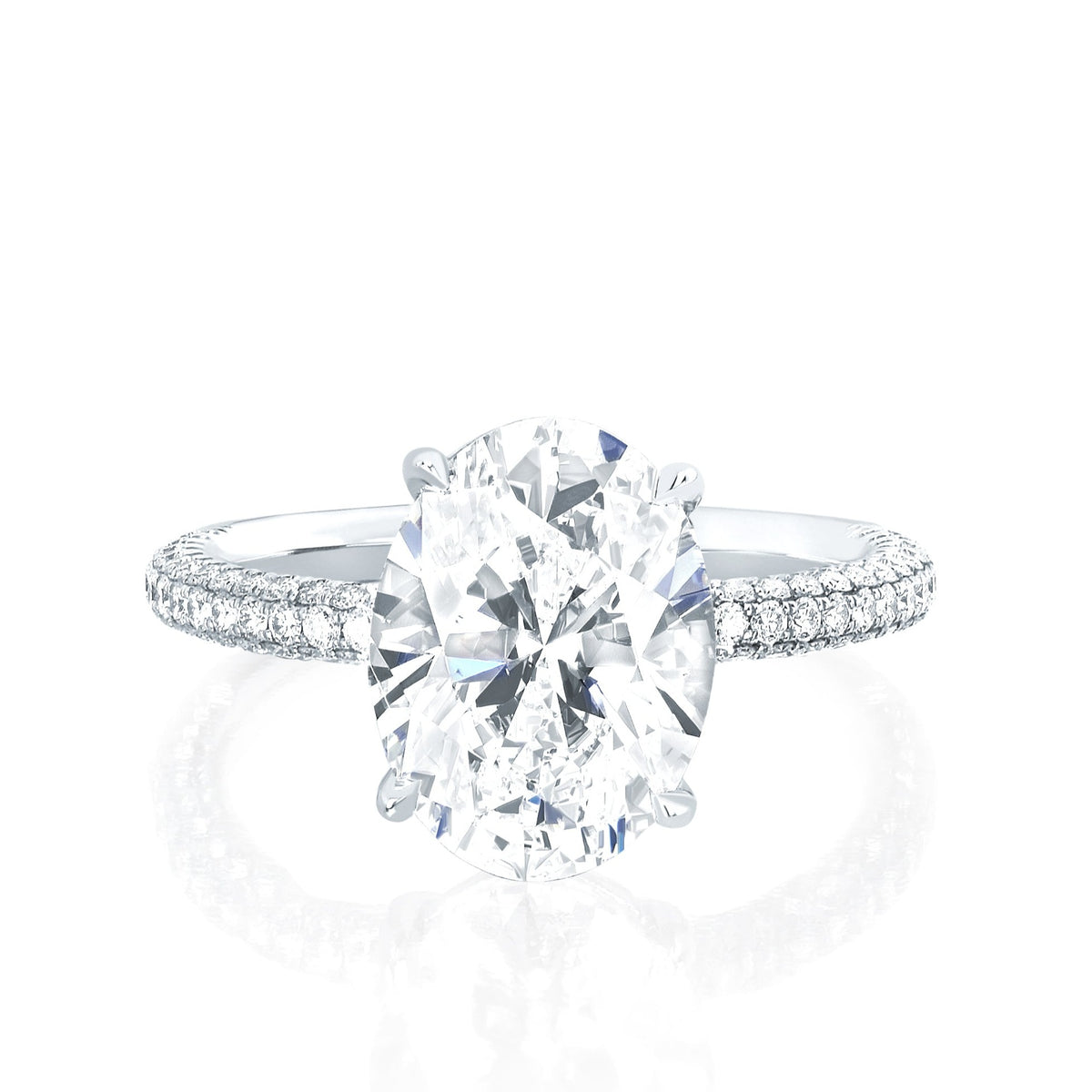 The Emily Engagement Ring with oval cut center diamond with 3-sided micro pave diamonds on platinum band