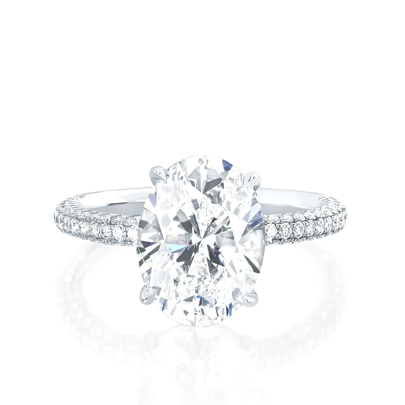 The Emily Engagement Ring with oval cut center diamond with 3-sided micro pave diamonds on platinum band