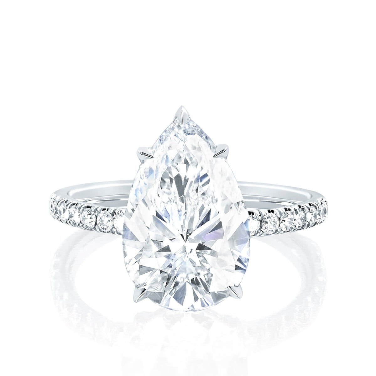 The Jessica Engagement Ring with pear shaped center diamond and micro pave diamonds on platinum gold band